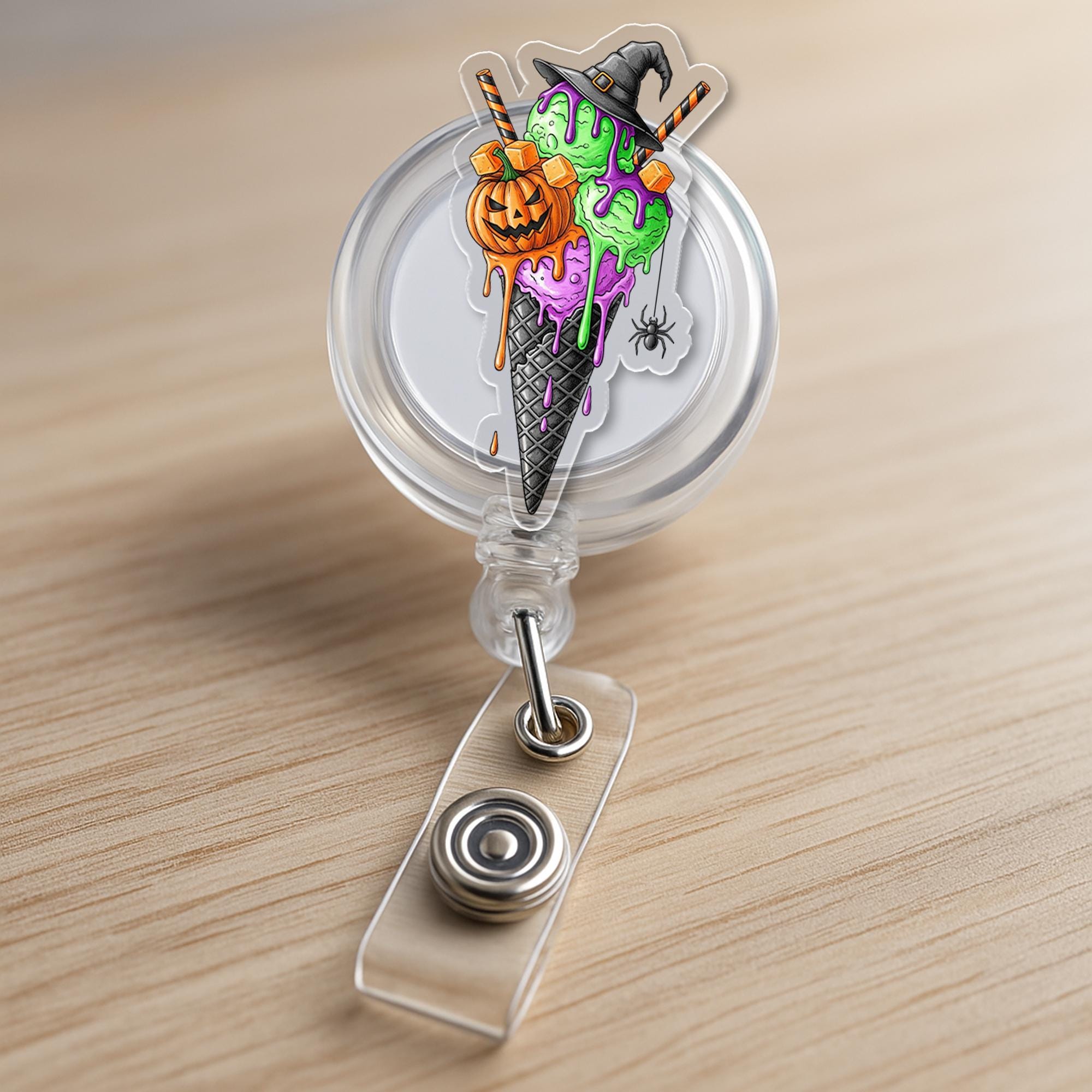 Halloween Badge Reel – Witch Ice Cream Cone ID Holder, Cute Spooky Retractable Clip, Nurse Teacher Fall Accessory