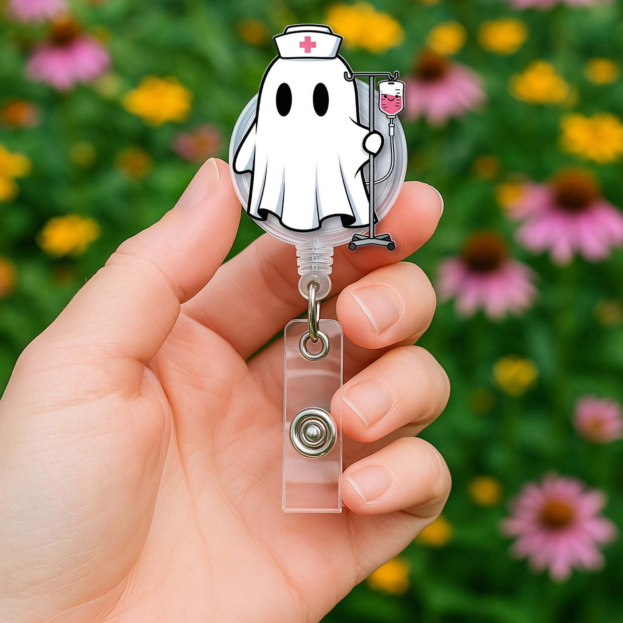Ghost Nurse Badge Reel – Cute Halloween ID Holder for Nurses, Spooky Retractable Clip, Funny RN Badge Accessory