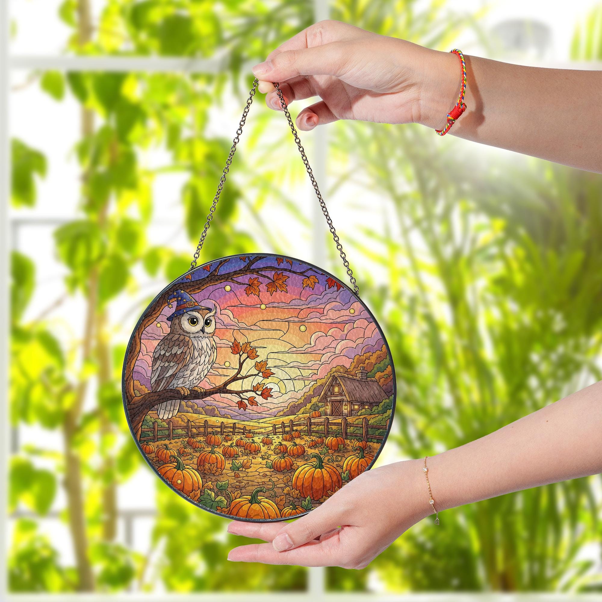 Autumn Owl Pumpkin Stained Glass Sun Catcher Fall Farm Window Decor Gift