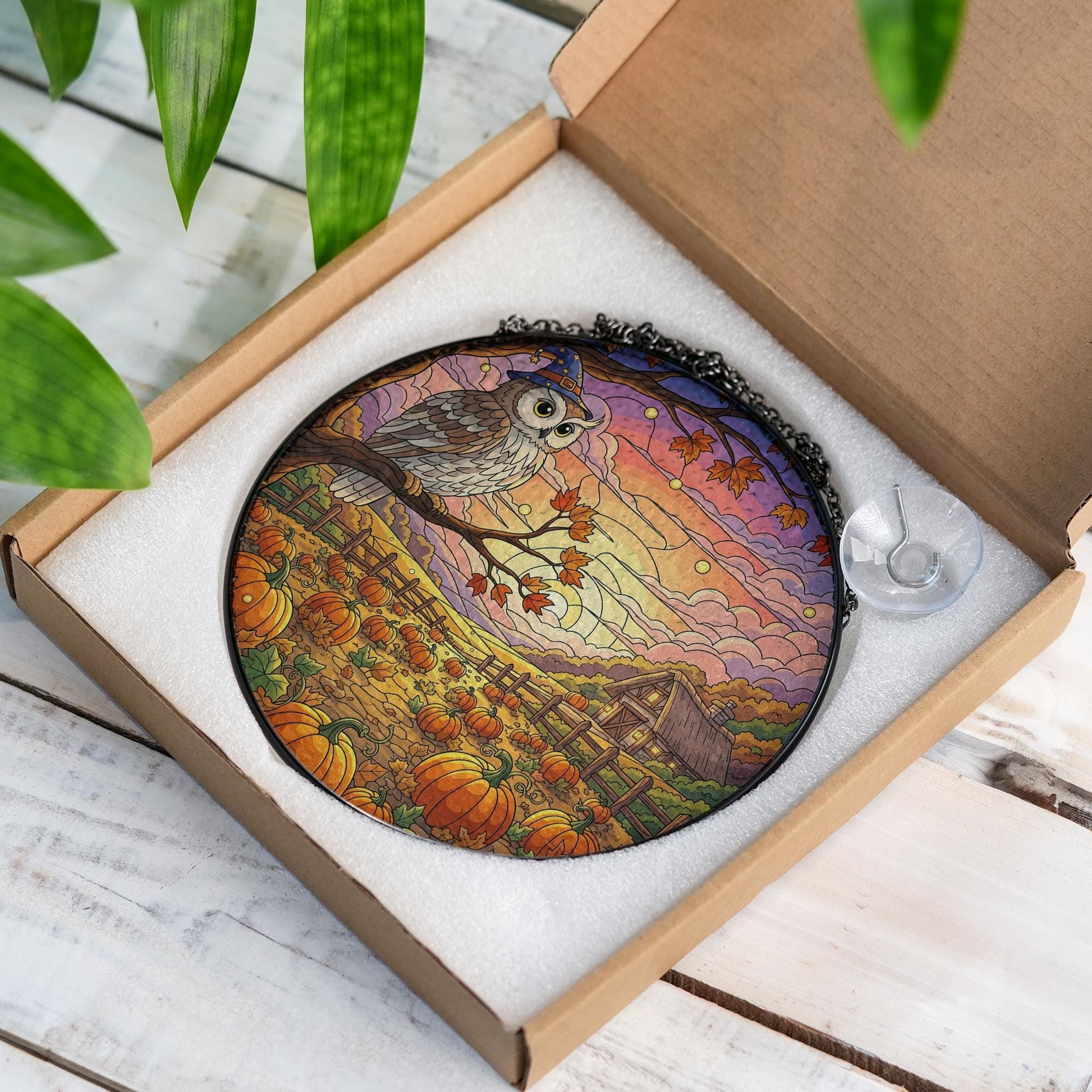Autumn Owl Pumpkin Stained Glass Sun Catcher Fall Farm Window Decor Gift
