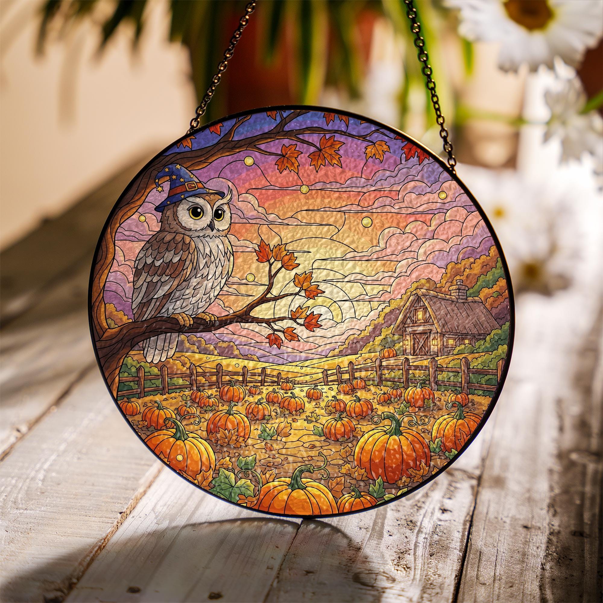 Autumn Owl Pumpkin Stained Glass Sun Catcher Fall Farm Window Decor Gift