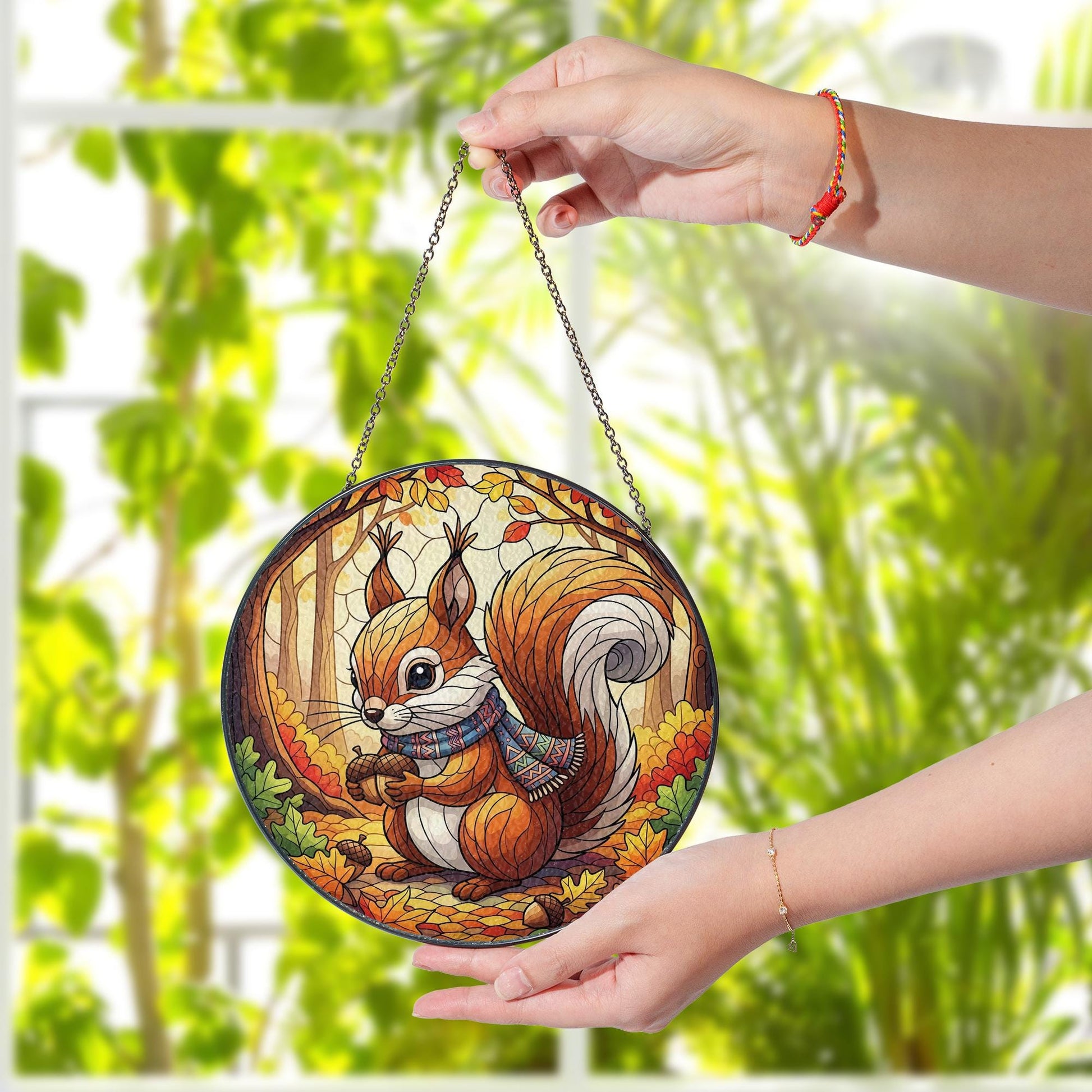 Autumn Squirrel Stained Glass Sun Catcher Fall Forest Acorn Window Decor Gift