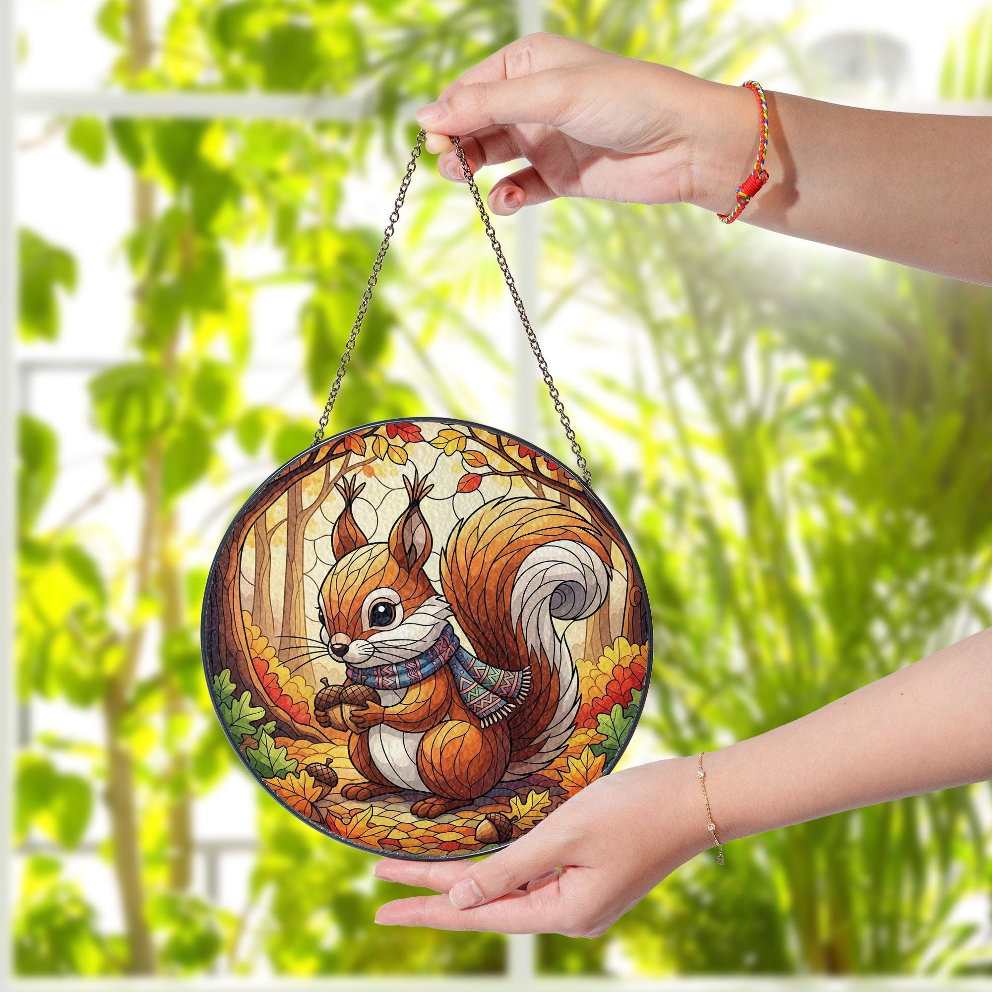 Autumn Squirrel Stained Glass Sun Catcher Fall Forest Acorn Window Decor Gift