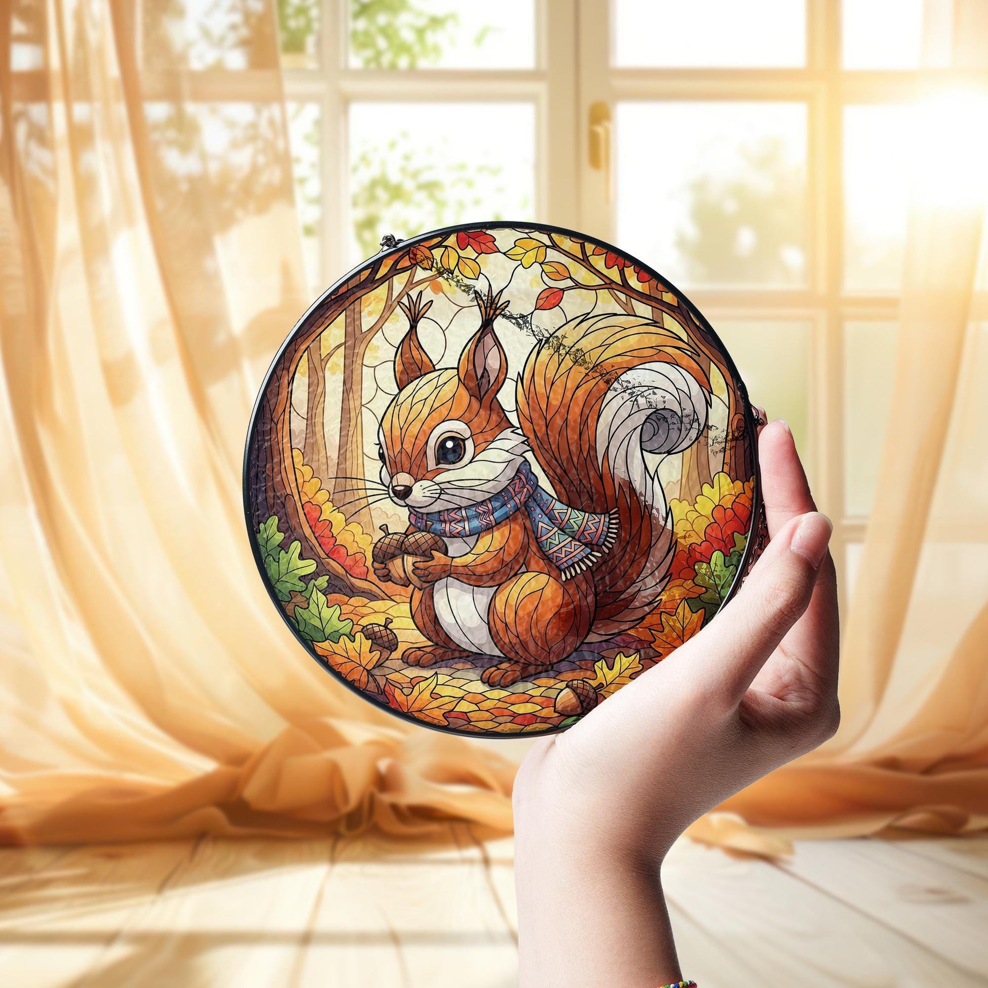 Autumn Squirrel Stained Glass Sun Catcher Fall Forest Acorn Window Decor Gift