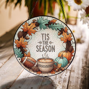 Tis The Season Glass Suncatcher | Fall Coffee Pumpkin Window Decor | Autumn Wreath Sun Catcher | Cozy Seasonal Glass Hanging Gift