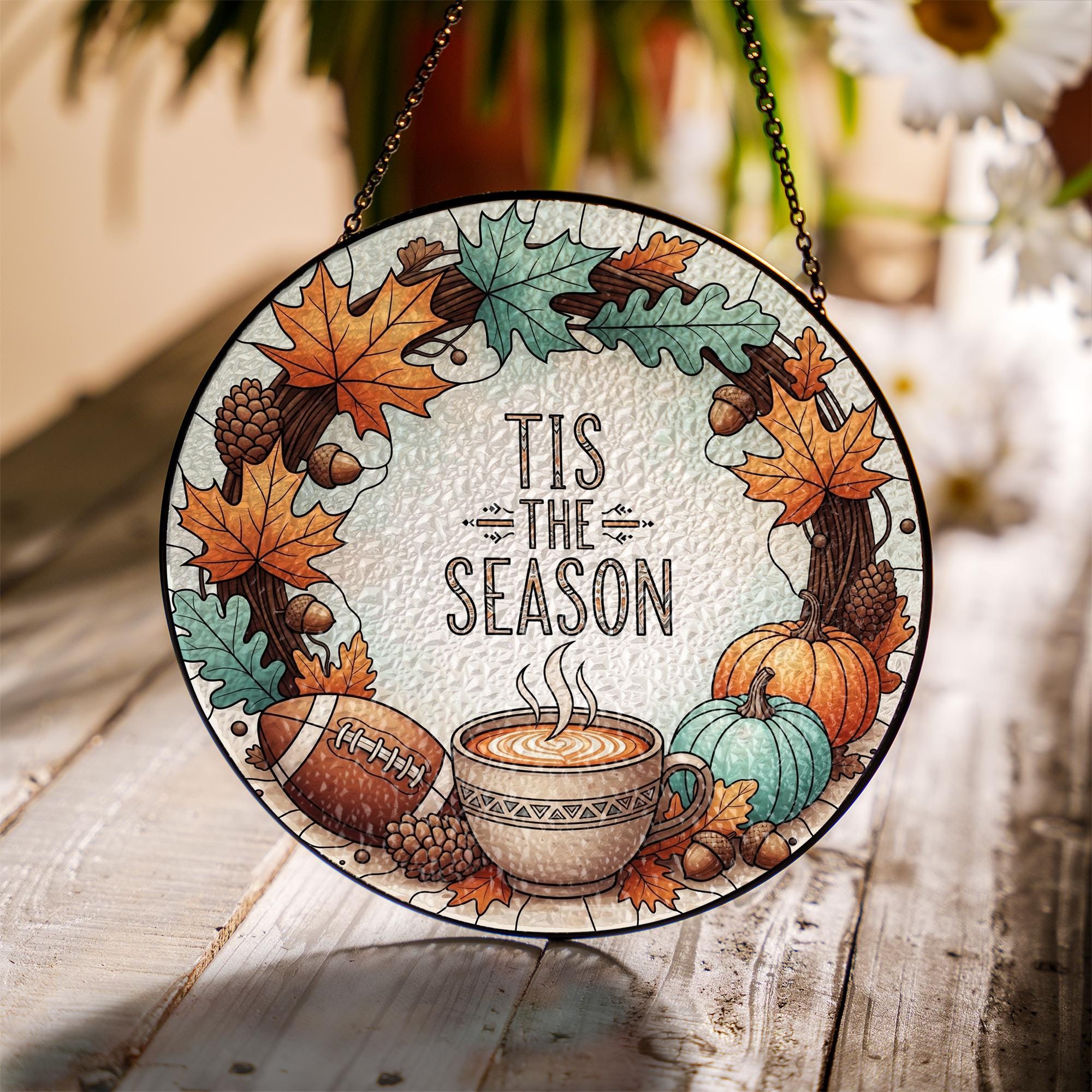 Tis The Season Glass Suncatcher | Fall Coffee Pumpkin Window Decor | Autumn Wreath Sun Catcher | Cozy Seasonal Glass Hanging Gift