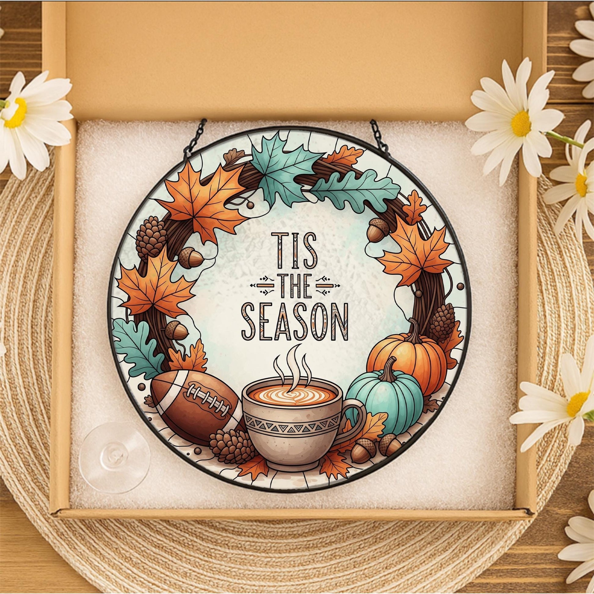 Tis The Season Glass Suncatcher | Fall Coffee Pumpkin Window Decor | Autumn Wreath Sun Catcher | Cozy Seasonal Glass Hanging Gift