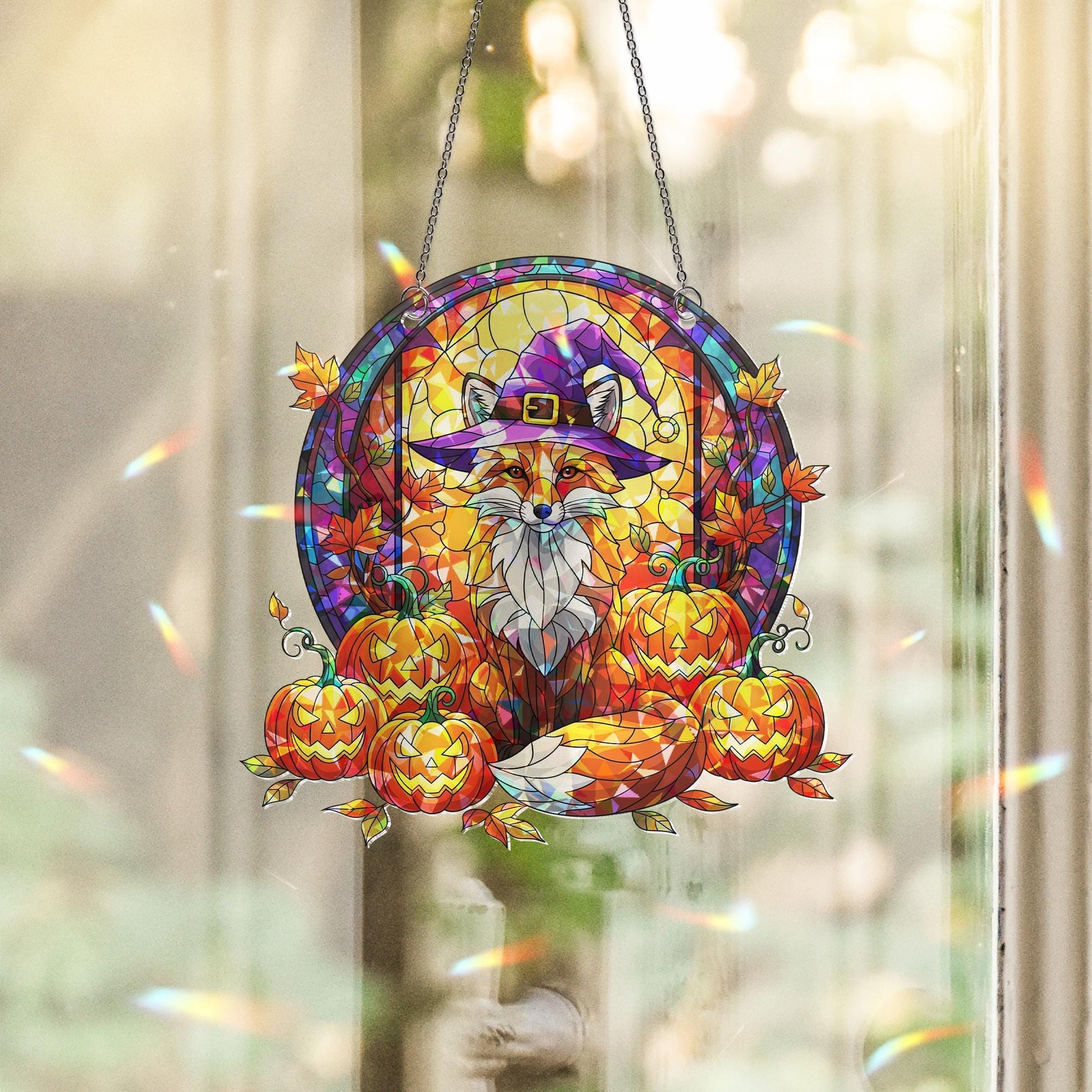 Fox Witch Acrylic Window Hanging | Fall Pumpkin Jack-o'-Lantern Suncatcher | Autumn Halloween Window Decor | Cozy Fox Wall Art