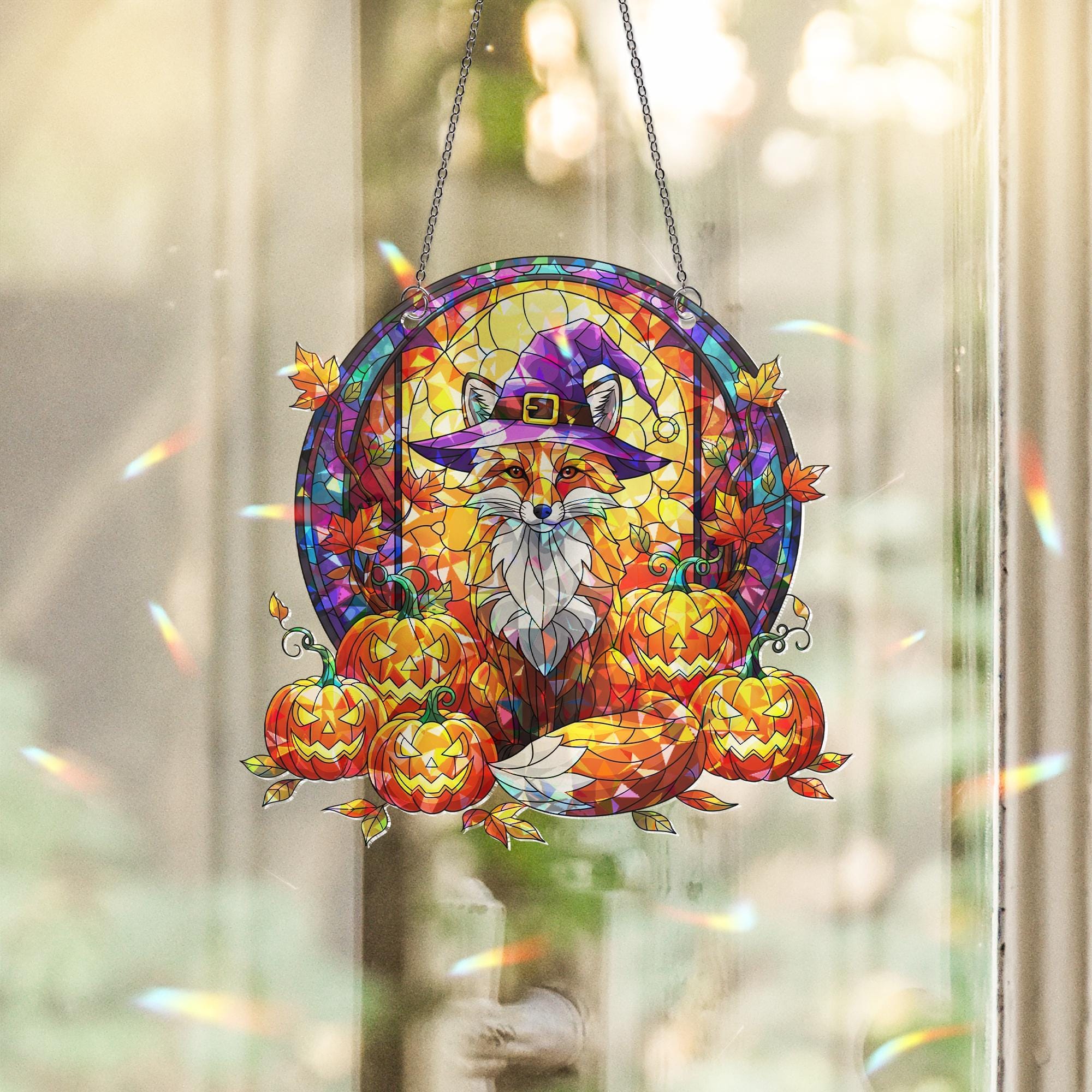 Fox Witch Acrylic Window Hanging | Fall Pumpkin Jack-o'-Lantern Suncatcher | Autumn Halloween Window Decor | Cozy Fox Wall Art