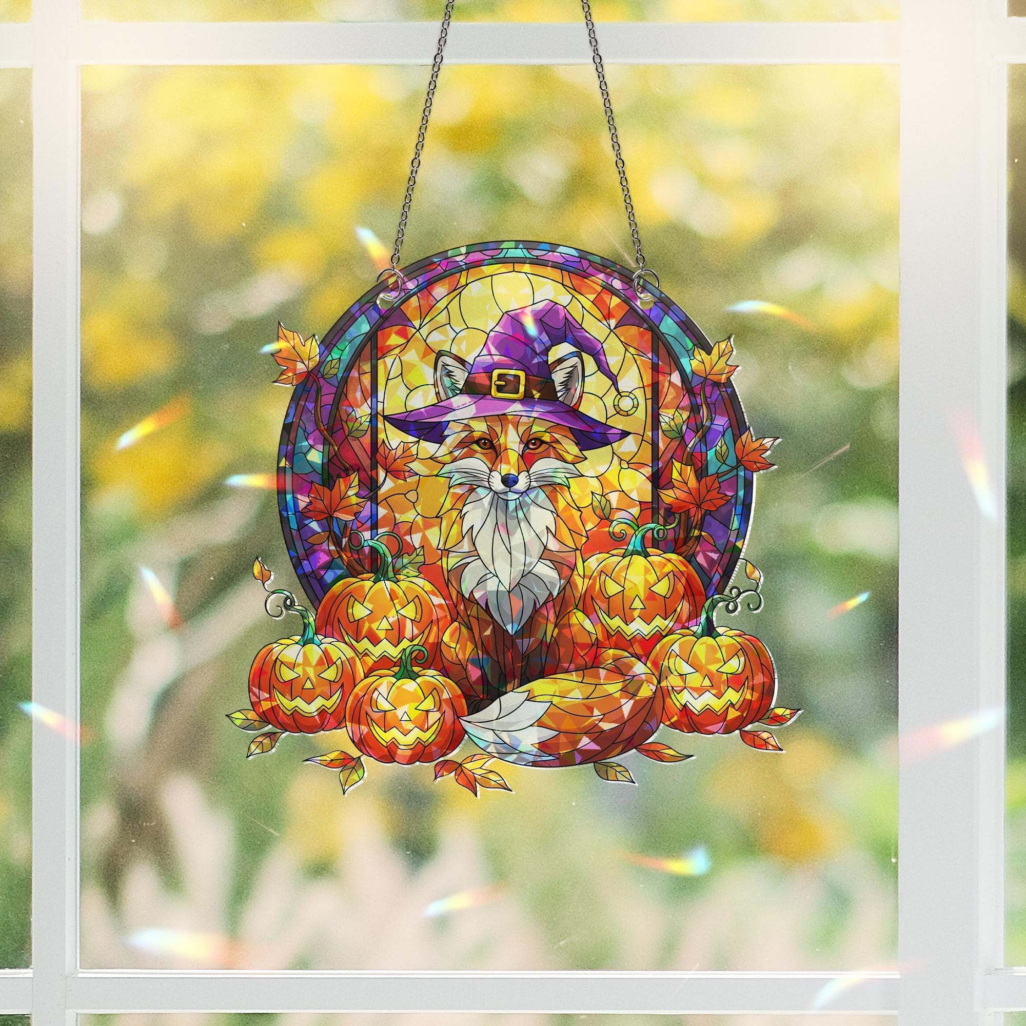Fox Witch Acrylic Window Hanging | Fall Pumpkin Jack-o'-Lantern Suncatcher | Autumn Halloween Window Decor | Cozy Fox Wall Art