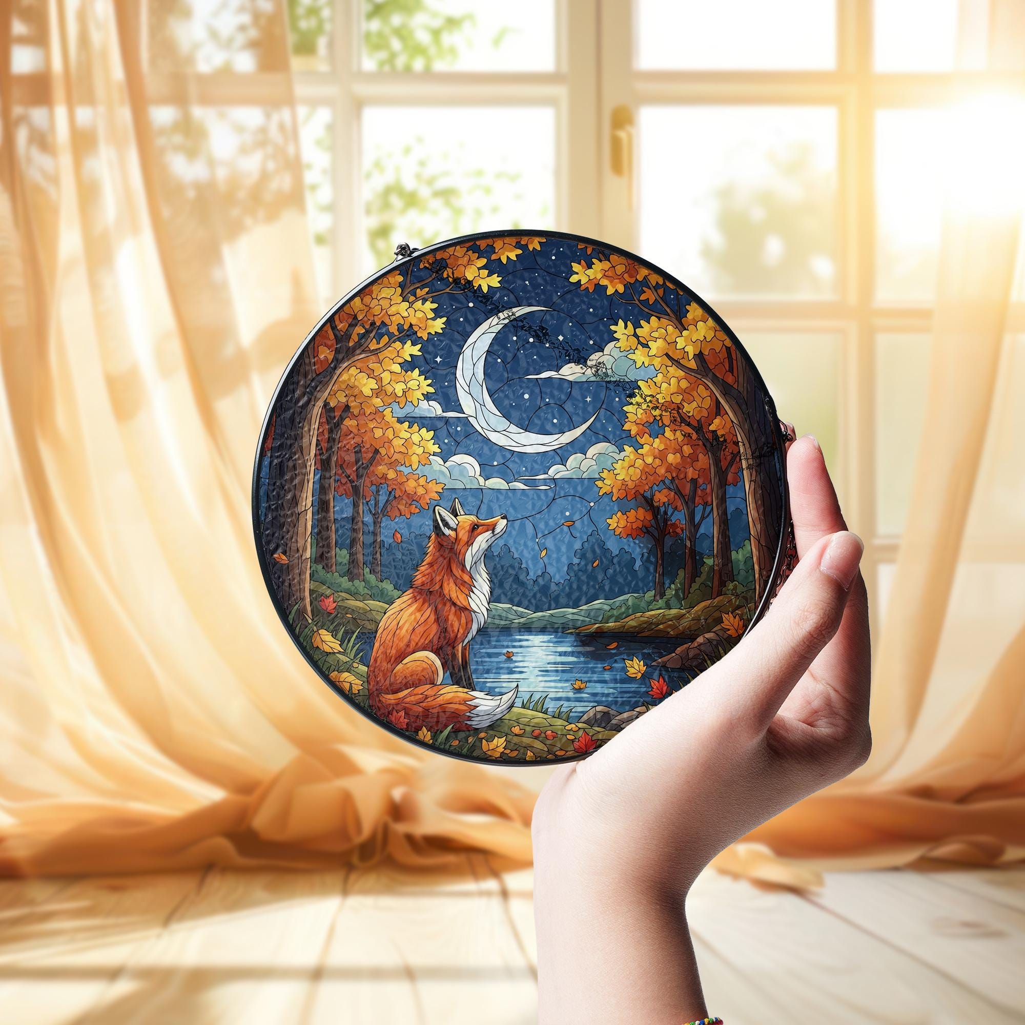 Fox and Moon Glass Suncatcher | Autumn Forest Window Hanging | Fall Crescent Moon Decor | Woodland Animal Glass Art Panel