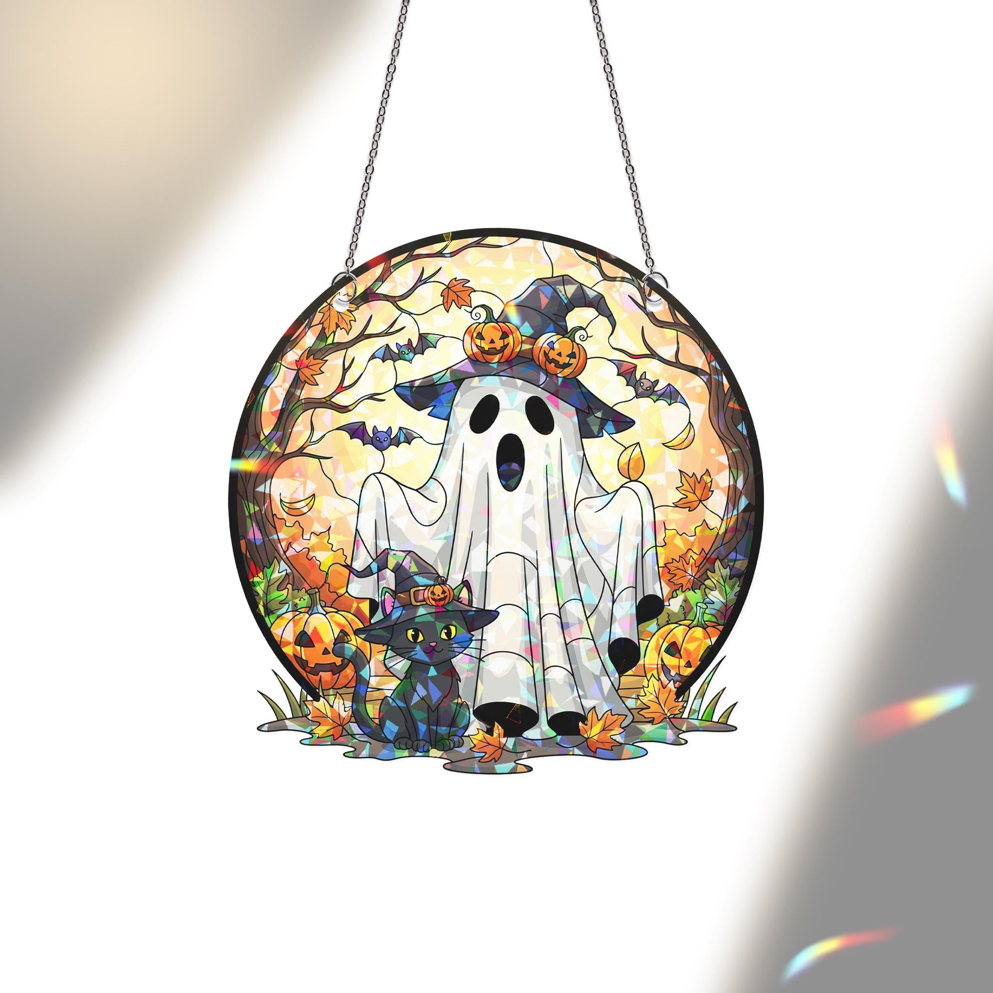 Halloween Ghost Acrylic Window Hanging | Fall Cat & Pumpkin Suncatcher | Spooky Autumn Decor | Witch Hat Ghost Sun Catcher