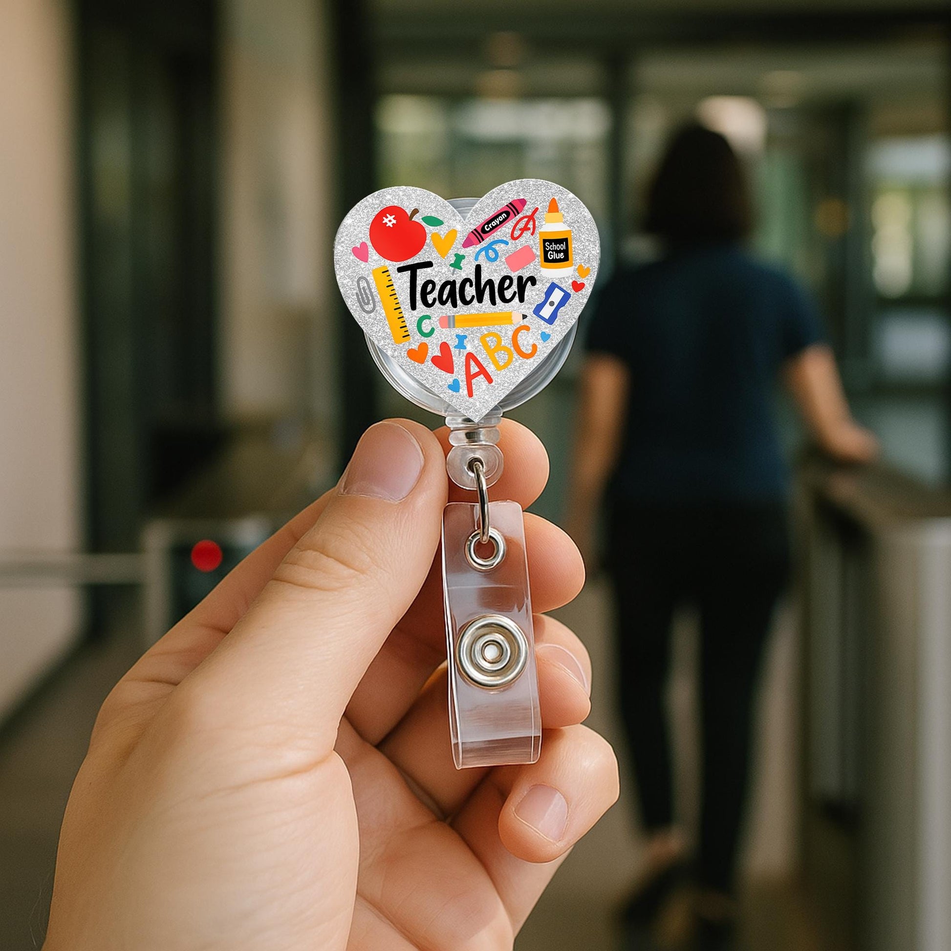 Teacher Heart Badge Reel | Back to School ID Holder | Cute Glitter Teacher Gift | ABC Crayon Retractable Name Tag Clip