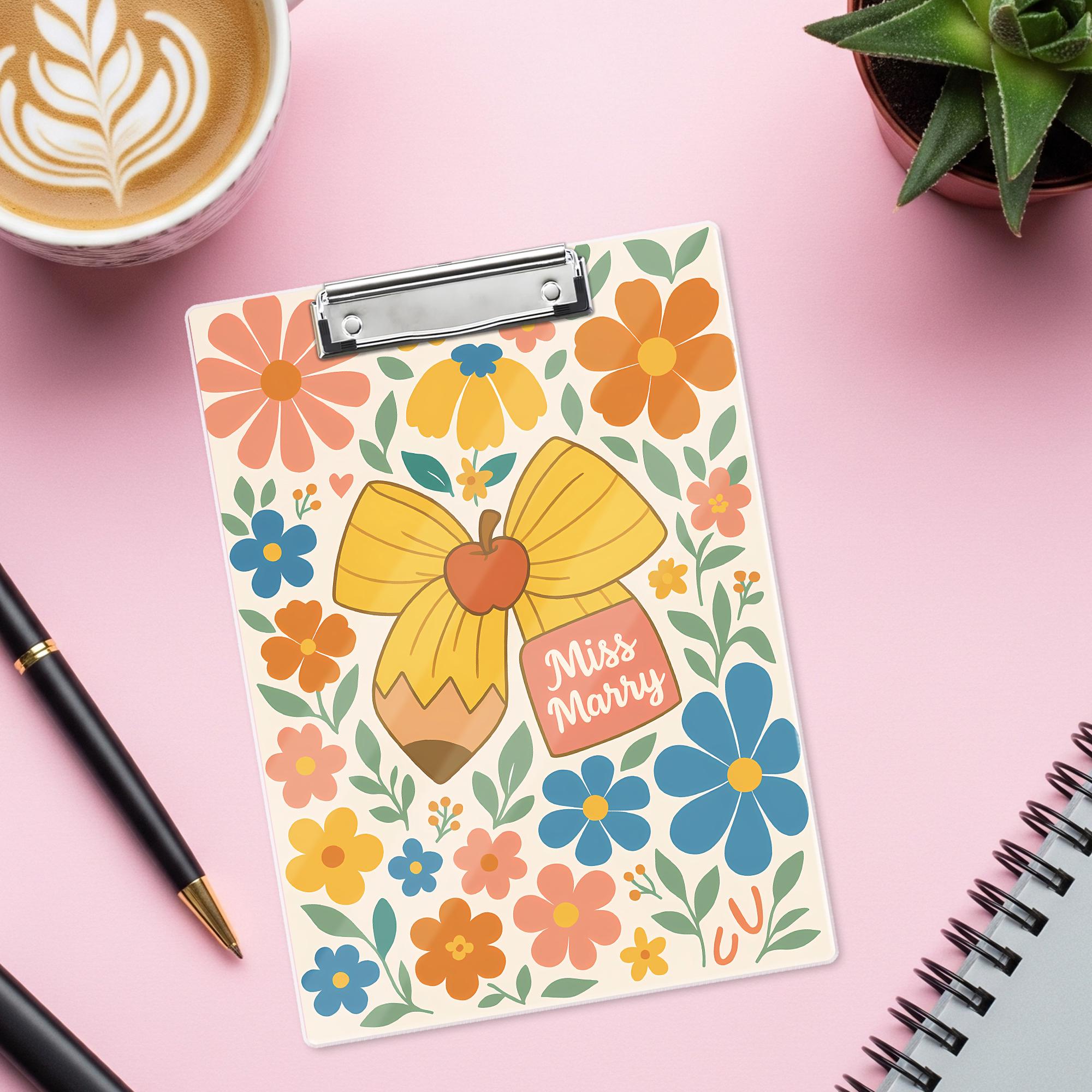 Personalized Teacher Clipboard | Custom Name Floral Clipboard for Back to School | Cute Pencil Apple Design Office Supplies Gift