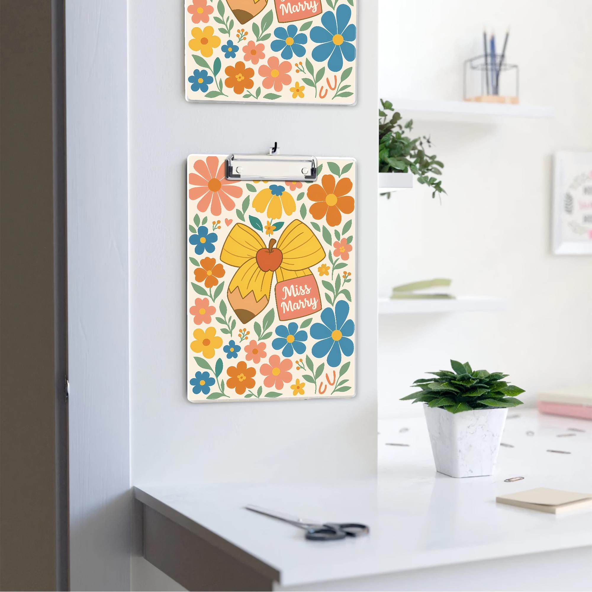 Personalized Teacher Clipboard | Custom Name Floral Clipboard for Back to School | Cute Pencil Apple Design Office Supplies Gift