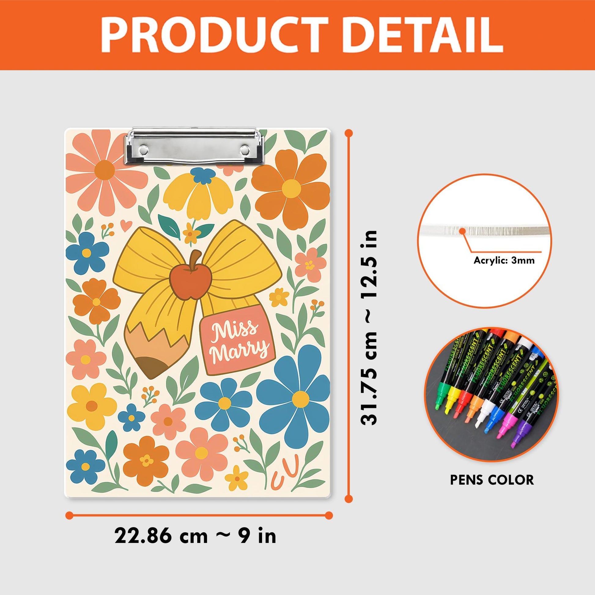 Personalized Teacher Clipboard | Custom Name Floral Clipboard for Back to School | Cute Pencil Apple Design Office Supplies Gift