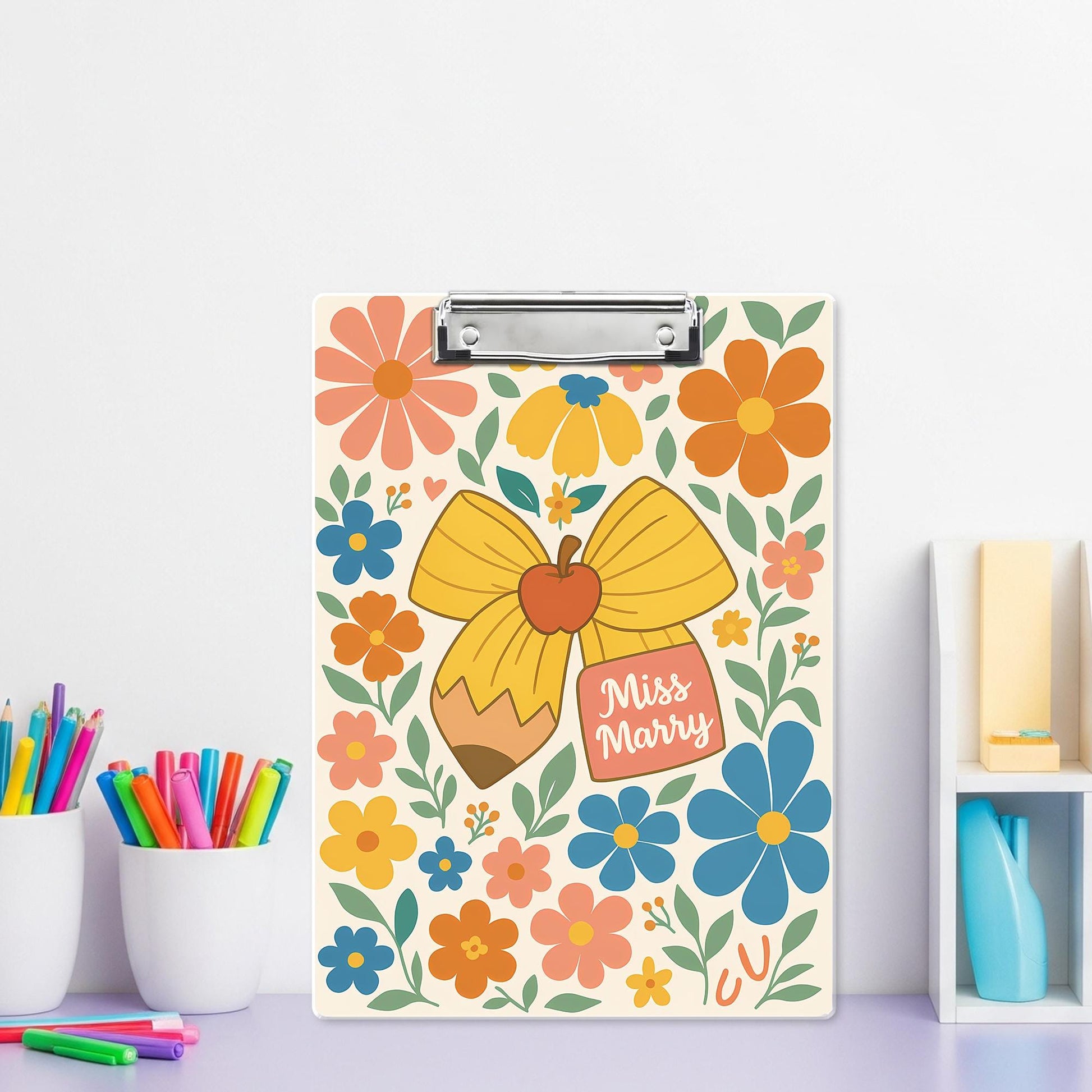 Personalized Teacher Clipboard | Custom Name Floral Clipboard for Back to School | Cute Pencil Apple Design Office Supplies Gift