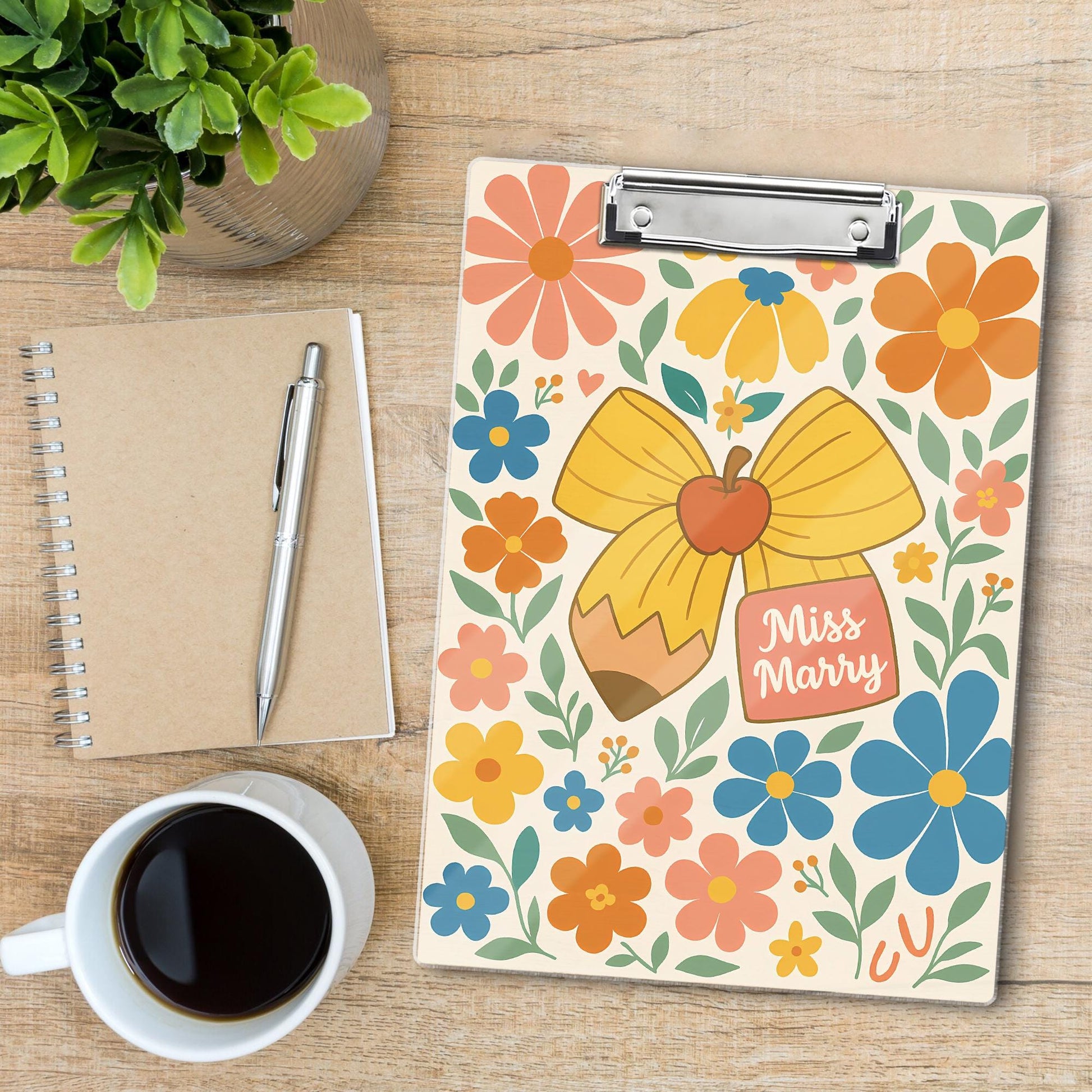 Personalized Teacher Clipboard | Custom Name Floral Clipboard for Back to School | Cute Pencil Apple Design Office Supplies Gift