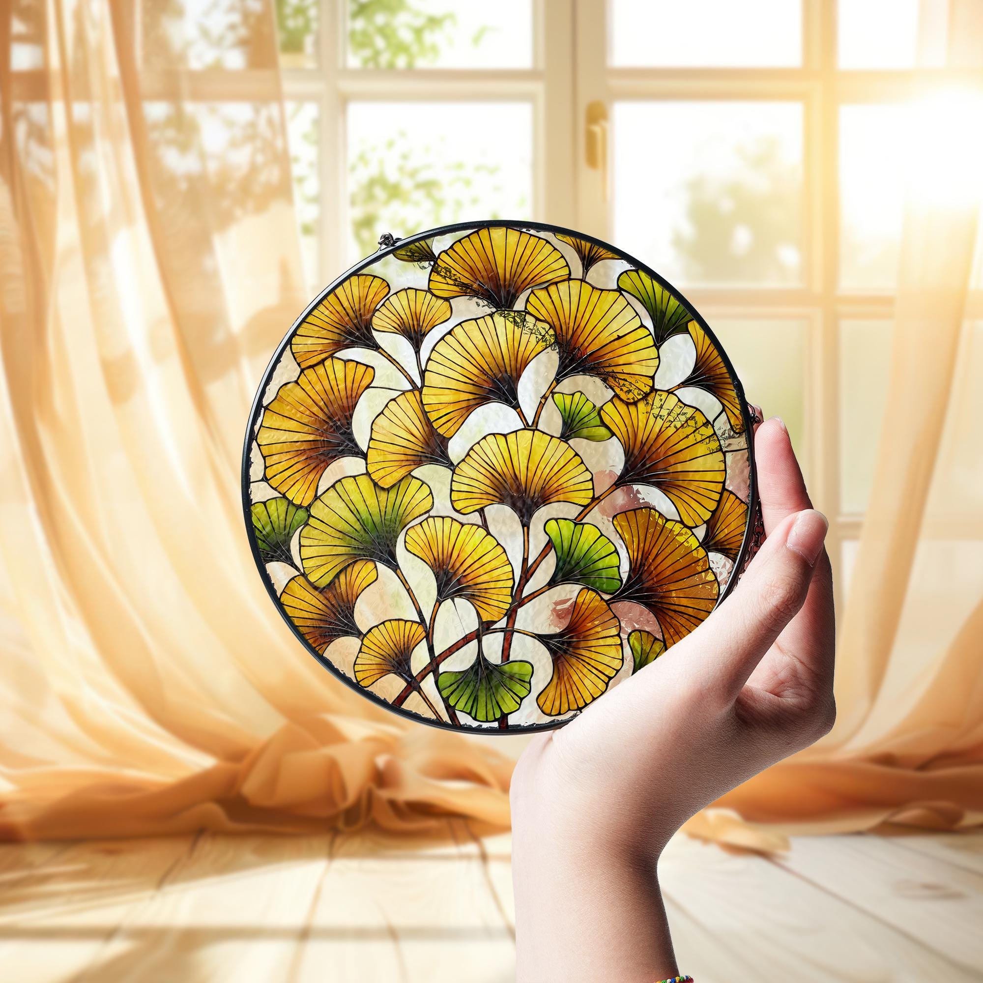 Ginkgo Leaf Glass Suncatcher | Autumn Stained Glass Window Hanging | Fall Home Decor | Yellow Botanical Nature Gift