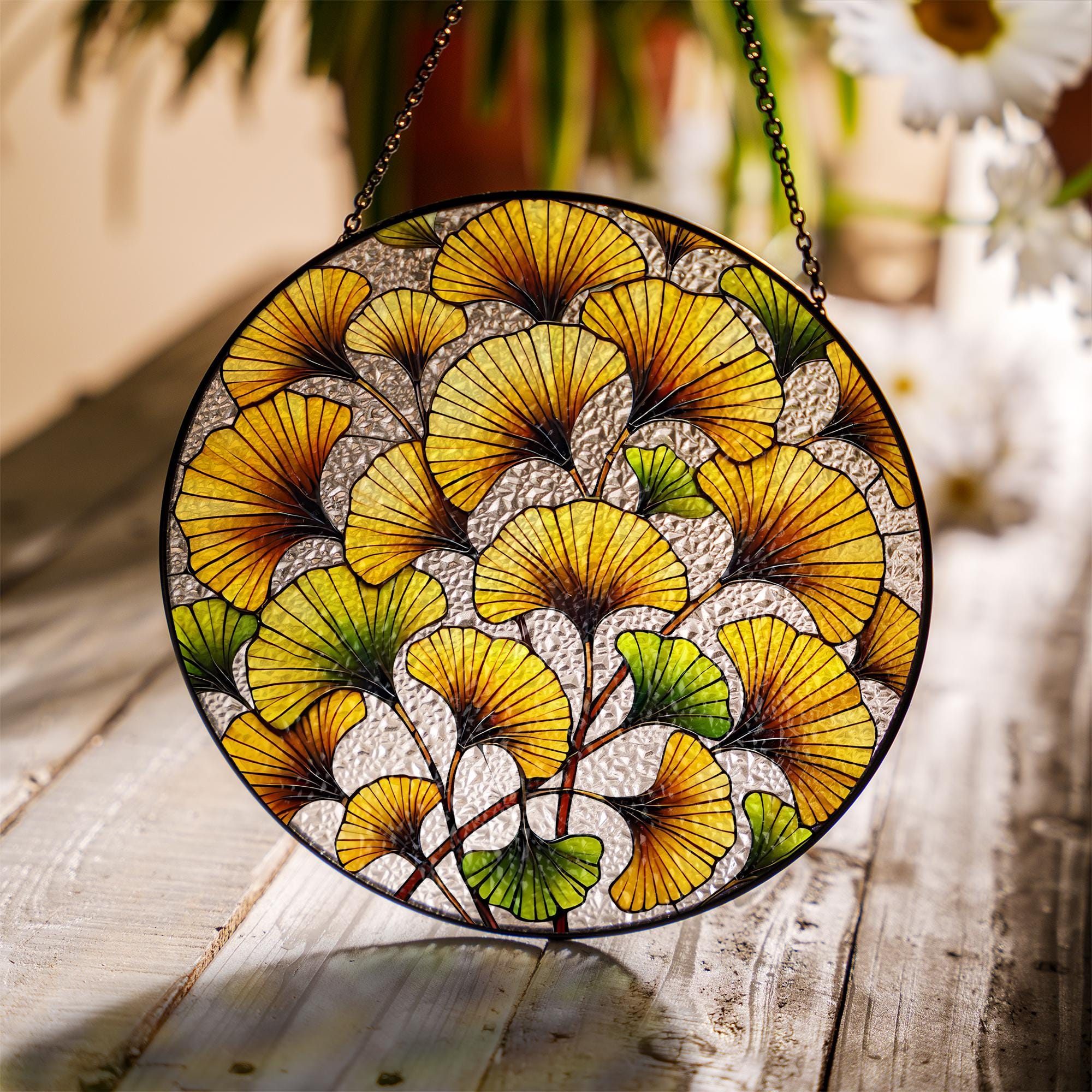 Ginkgo Leaf Glass Suncatcher | Autumn Stained Glass Window Hanging | Fall Home Decor | Yellow Botanical Nature Gift