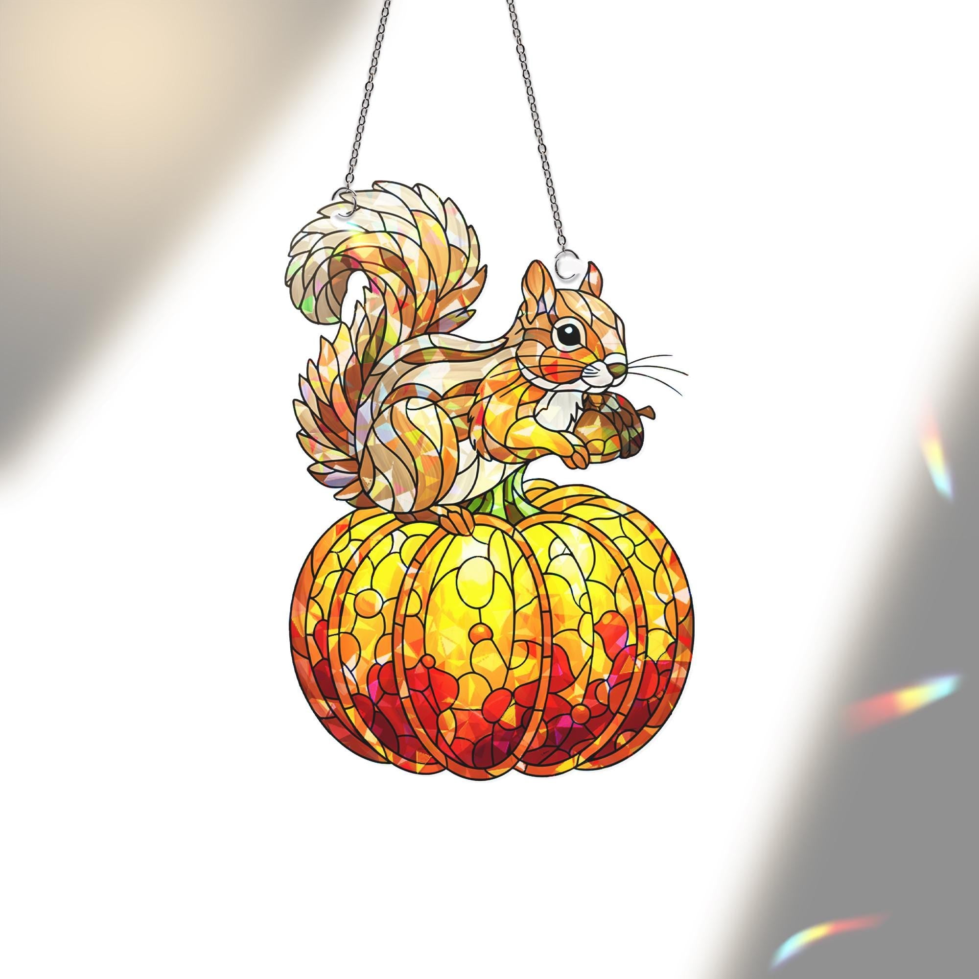Squirrel Pumpkin Acrylic Window Hanging | Autumn Fall Suncatcher Decor | Cute Animal Window Art for Fall | Seasonal Gift for Nature Lovers