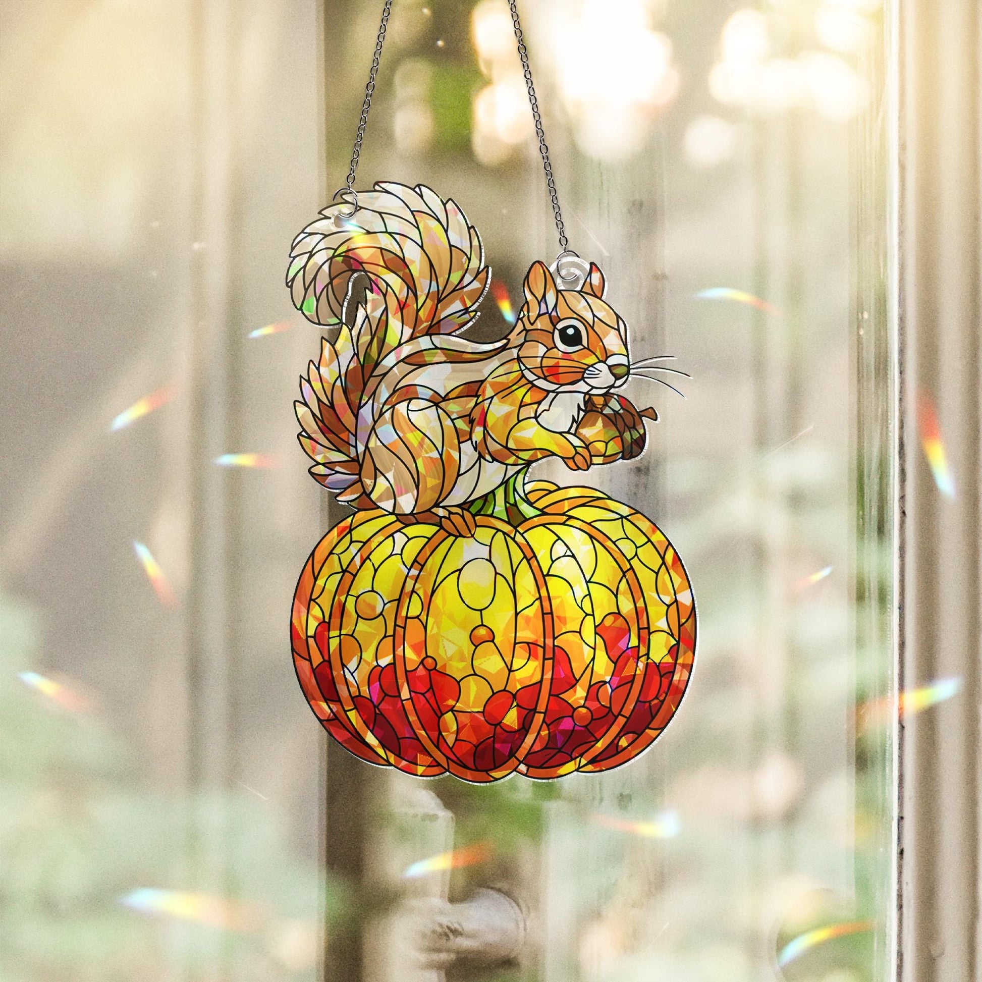 Squirrel Pumpkin Acrylic Window Hanging | Autumn Fall Suncatcher Decor | Cute Animal Window Art for Fall | Seasonal Gift for Nature Lovers