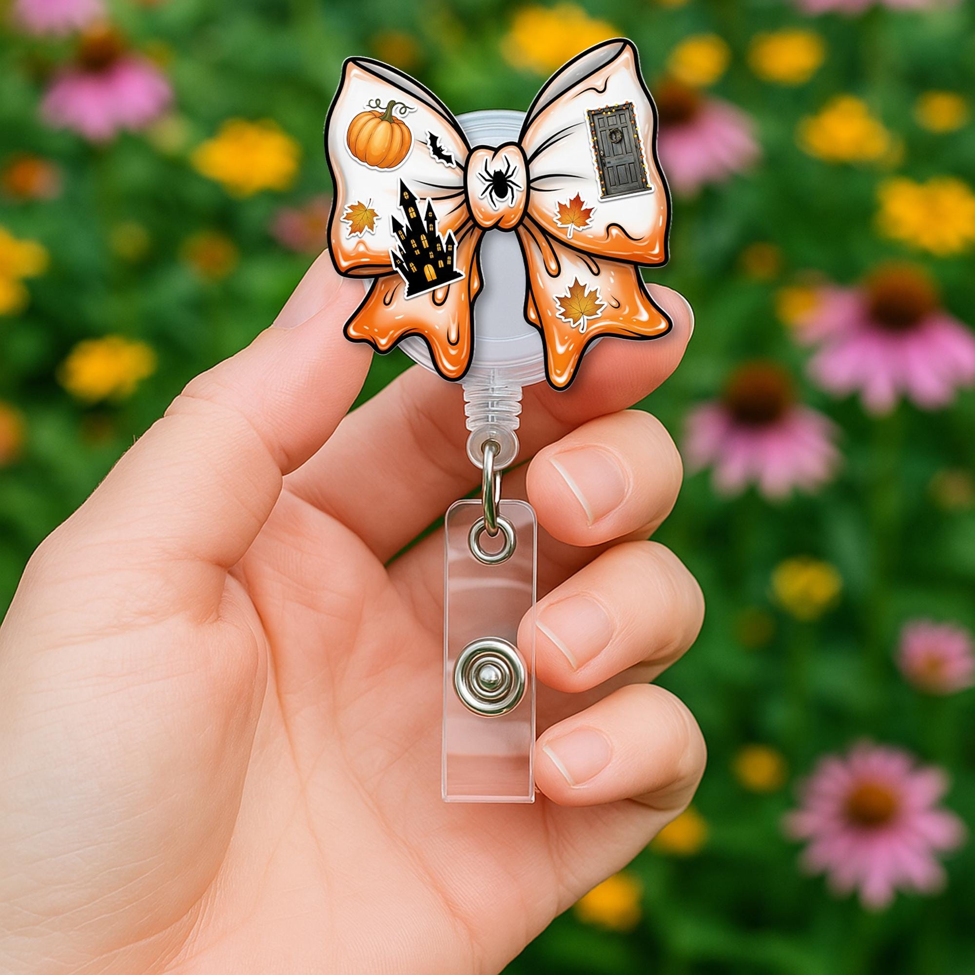 Halloween Bow Retractable ID Badge Holder, Spooky Pumpkin Haunted House Lanyard Reel, Nurse Teacher Gift