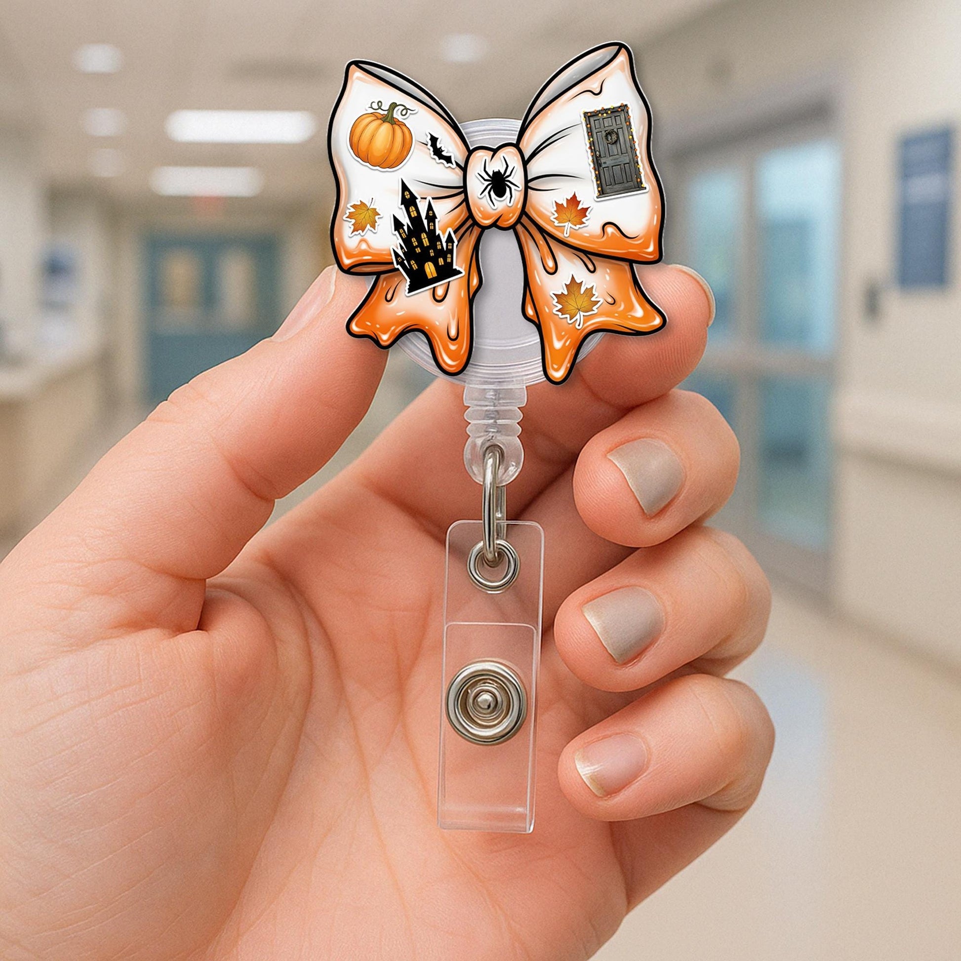 Halloween Bow Retractable ID Badge Holder, Spooky Pumpkin Haunted House Lanyard Reel, Nurse Teacher Gift