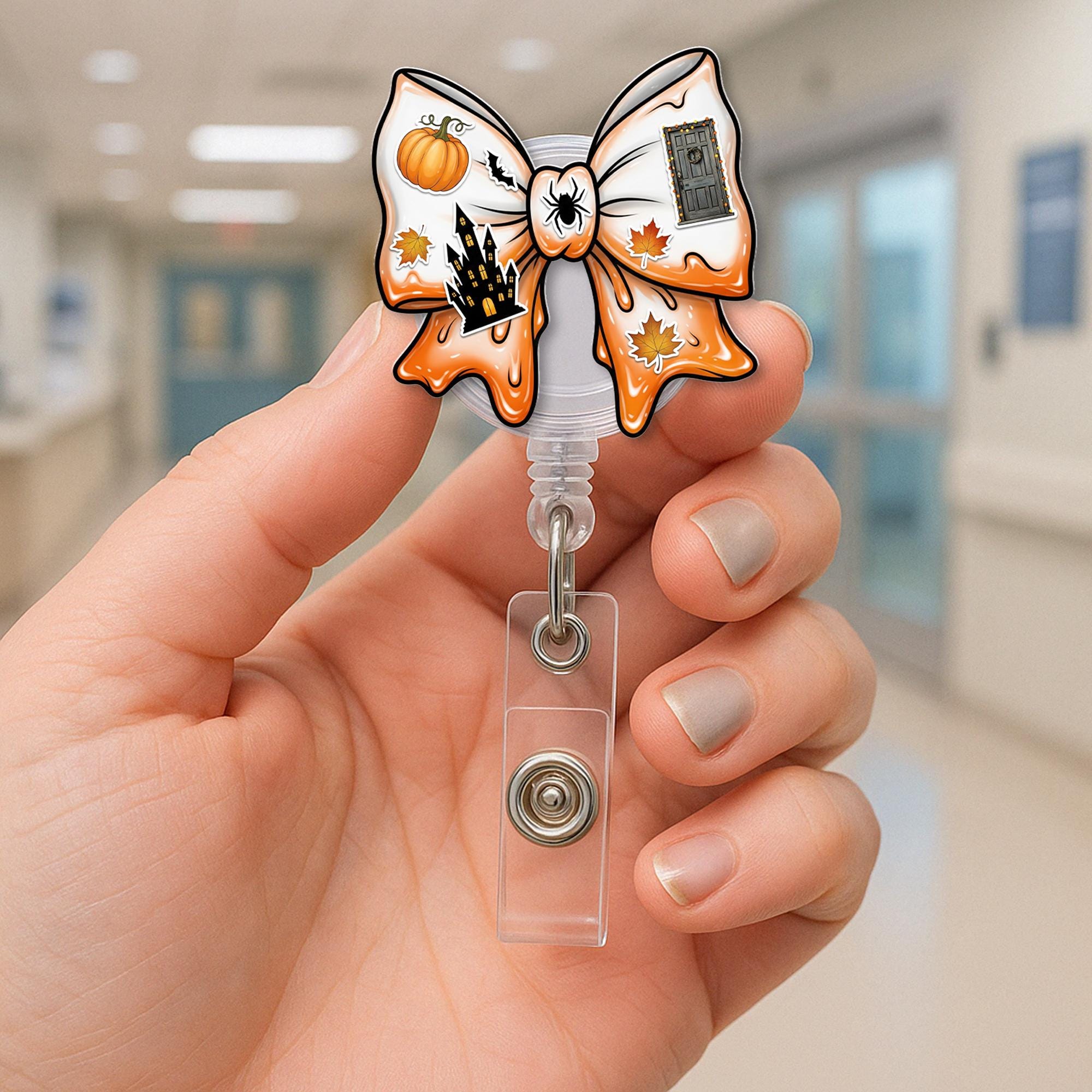Halloween Bow Retractable ID Badge Holder, Spooky Pumpkin Haunted House Lanyard Reel, Nurse Teacher Gift