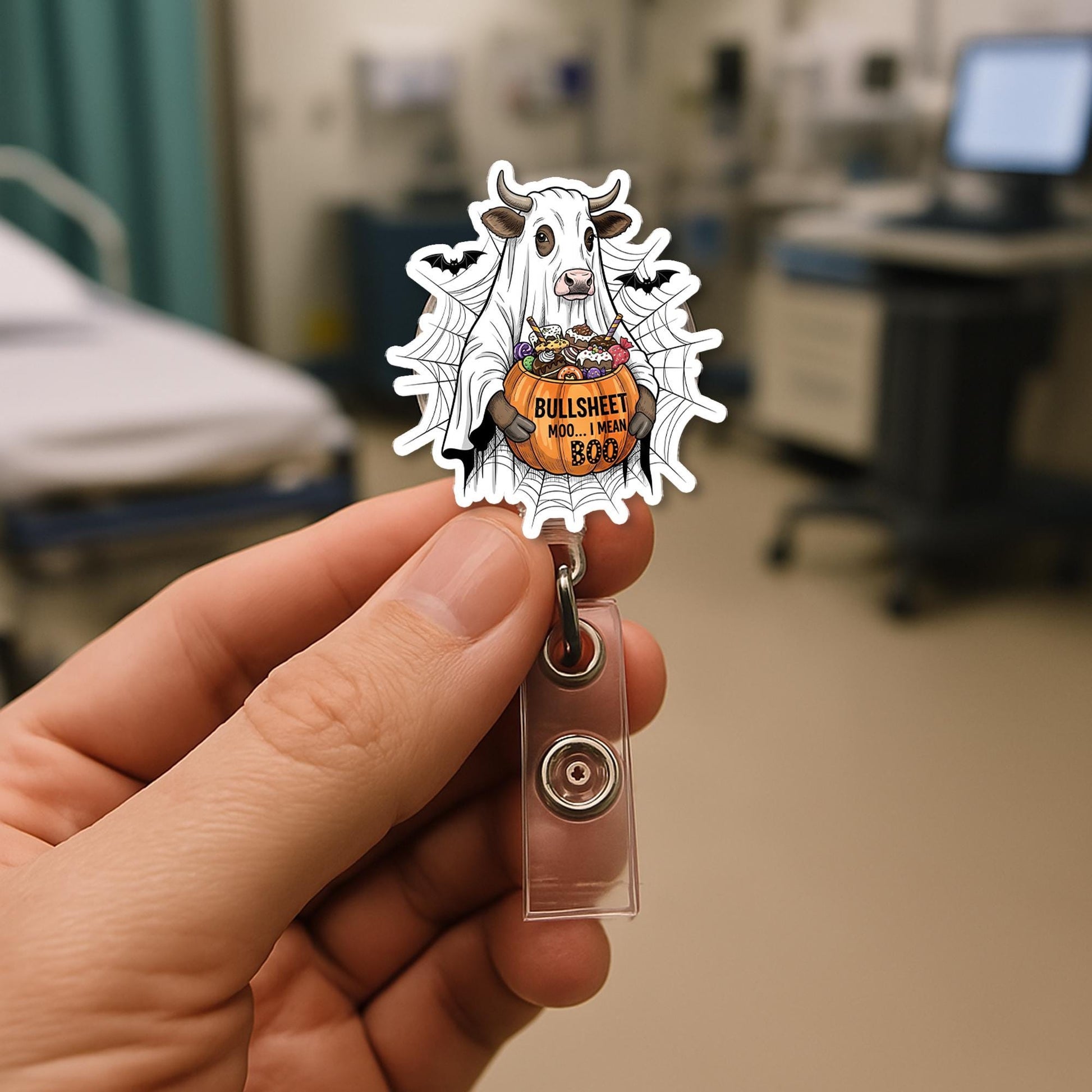 Ghost Cow Halloween Retractable ID Badge Holder, Funny Boo Pumpkin Lanyard Reel, Spooky Nurse Teacher Gift