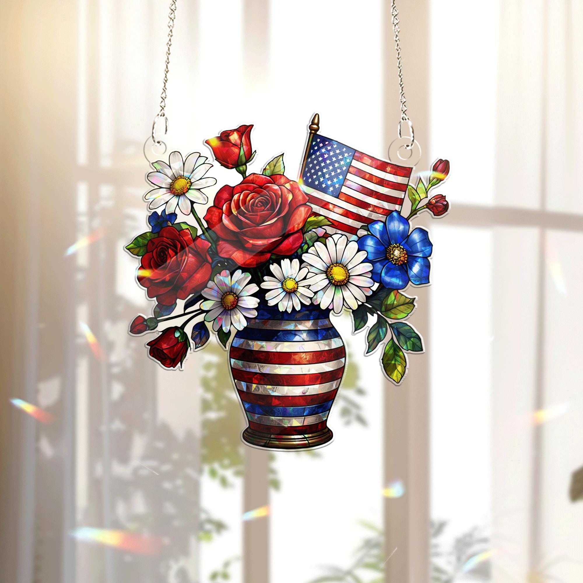 Patriotic Flower Vase Acrylic Window Hanging | 4th of July Red White Blue Suncatcher | American Flag Summer Home Window Decor