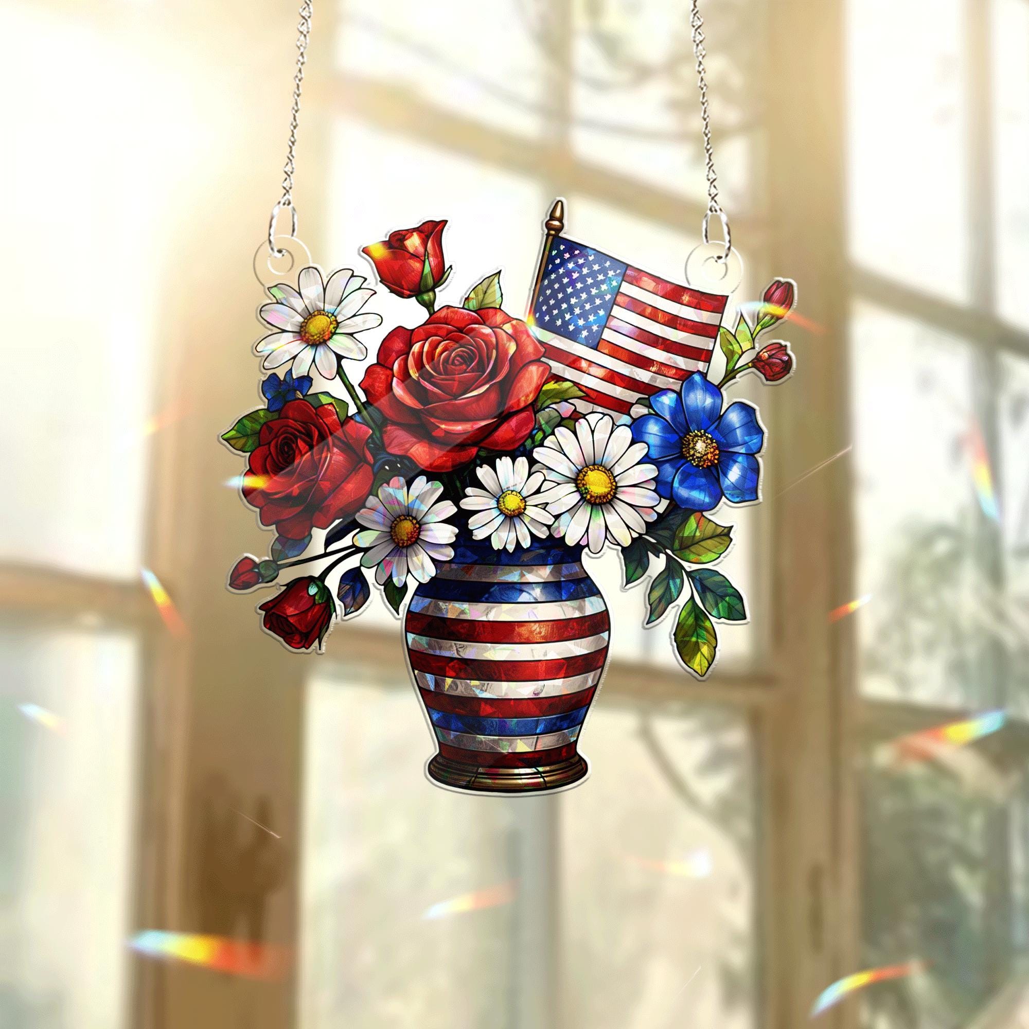 Patriotic Flower Vase Acrylic Window Hanging | 4th of July Red White Blue Suncatcher | American Flag Summer Home Window Decor
