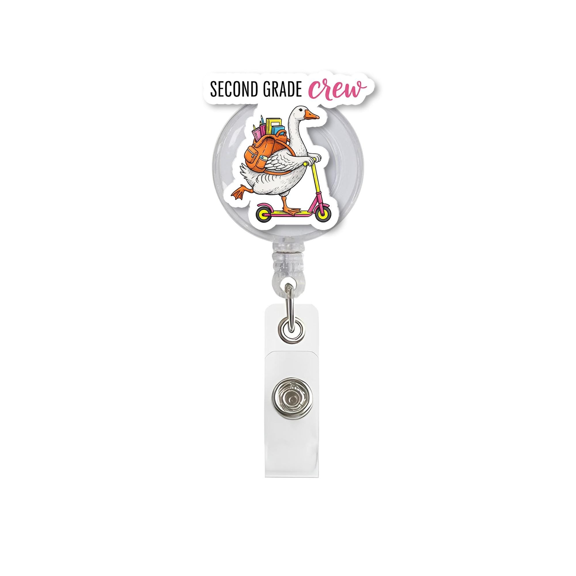 Second Grade Crew Goose Retractable ID Badge Holder, School Teacher Lanyard Reel, Cute Back to School Gift