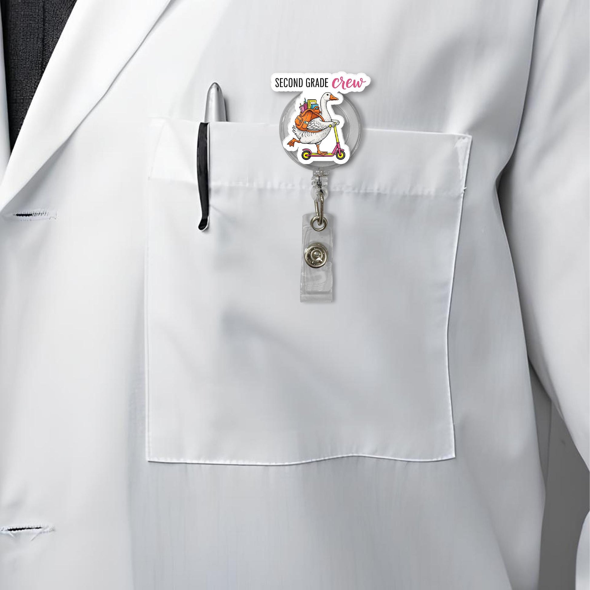Second Grade Crew Goose Retractable ID Badge Holder, School Teacher Lanyard Reel, Cute Back to School Gift