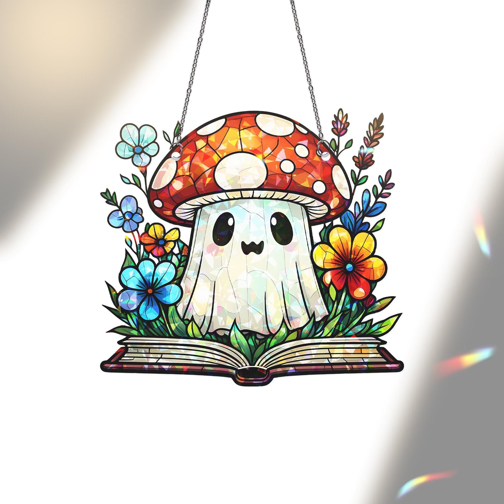 Ghost with Mushroom Hat Acrylic Window Hanging | Cute Autumn Suncatcher | Whimsical Fall Ghost Decor | Spooky Cute Window Art Gift