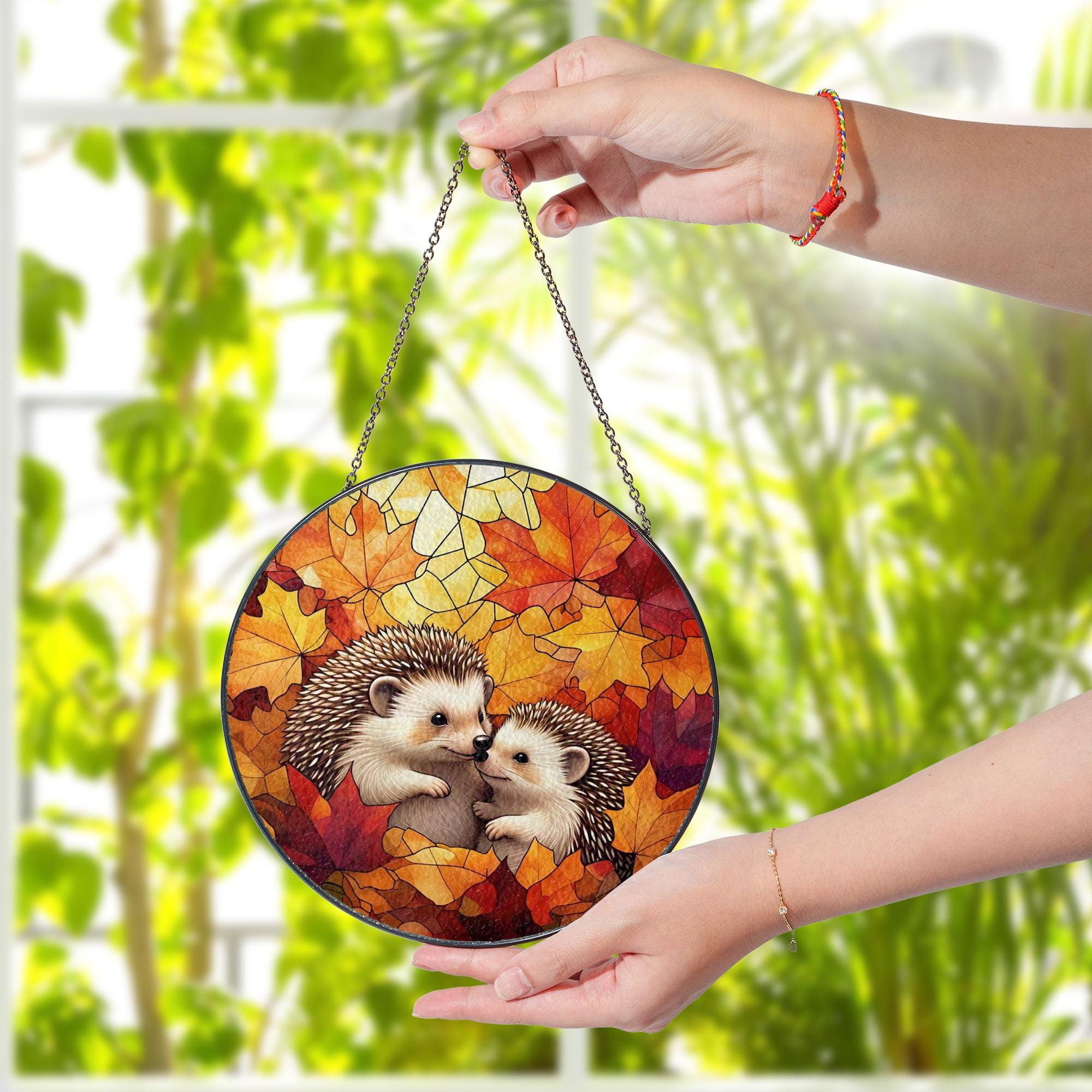 Hedgehog Autumn Glass Suncatcher | Fall Leaves Window Hanging | Cute Animal Stained Glass Decor | Cozy Autumn Wildlife Window Art