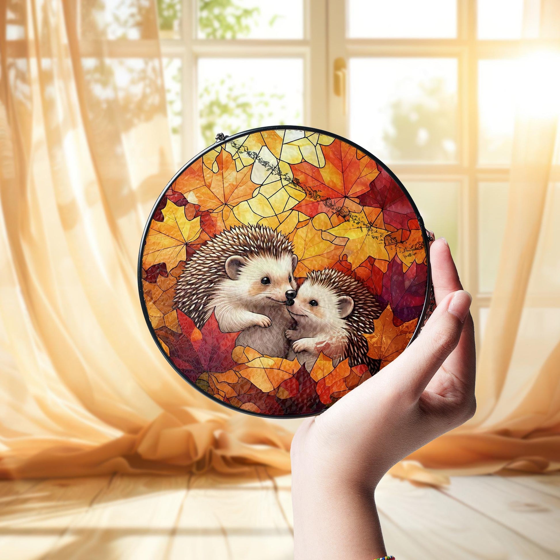 Hedgehog Autumn Glass Suncatcher | Fall Leaves Window Hanging | Cute Animal Stained Glass Decor | Cozy Autumn Wildlife Window Art
