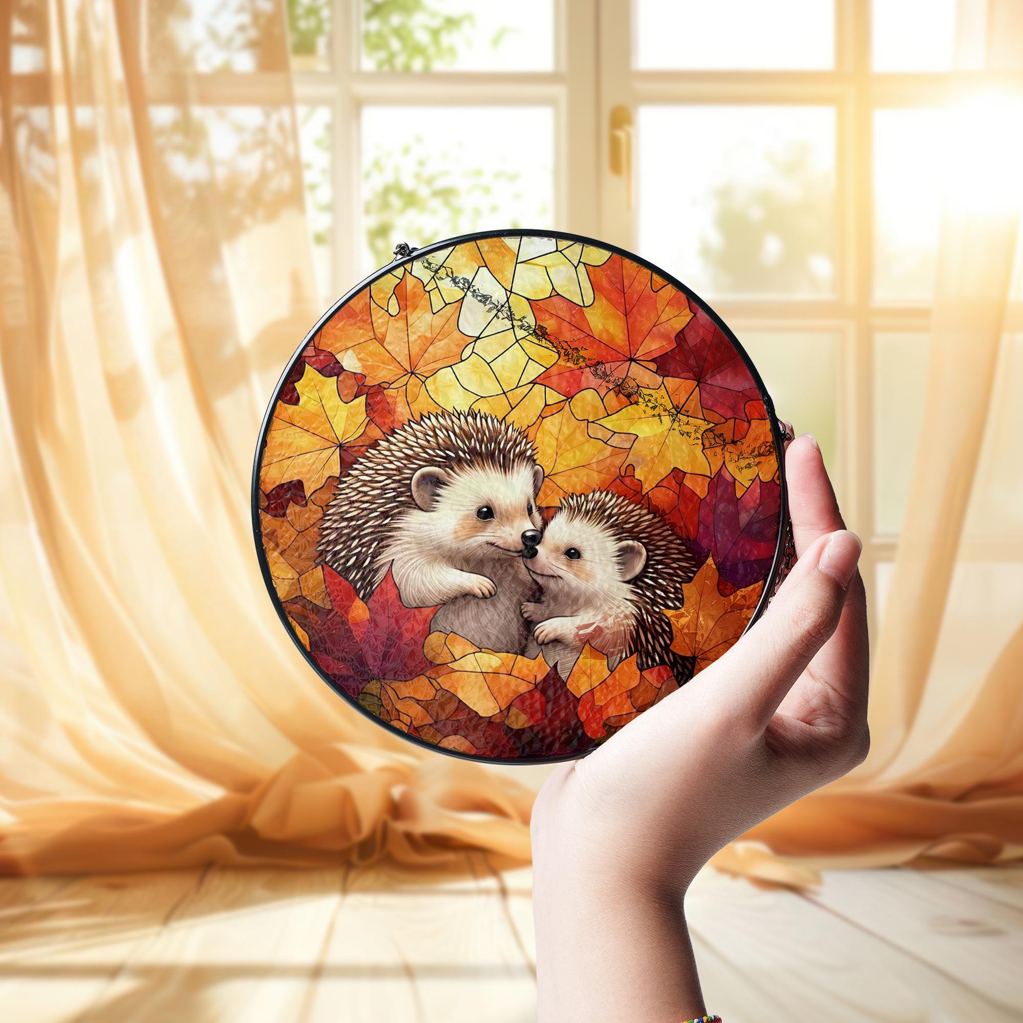 Hedgehog Autumn Glass Suncatcher | Fall Leaves Window Hanging | Cute Animal Stained Glass Decor | Cozy Autumn Wildlife Window Art