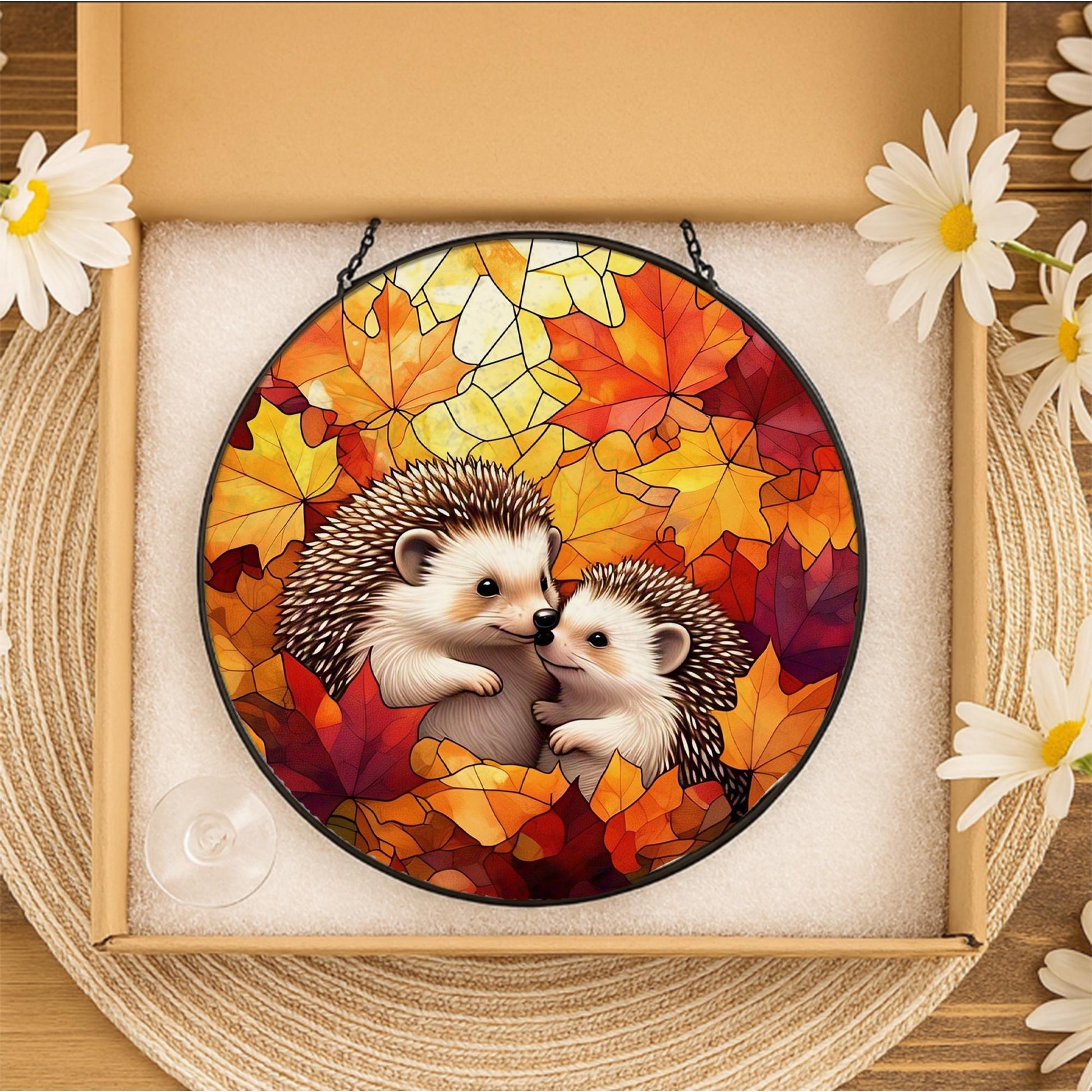 Hedgehog Autumn Glass Suncatcher | Fall Leaves Window Hanging | Cute Animal Stained Glass Decor | Cozy Autumn Wildlife Window Art