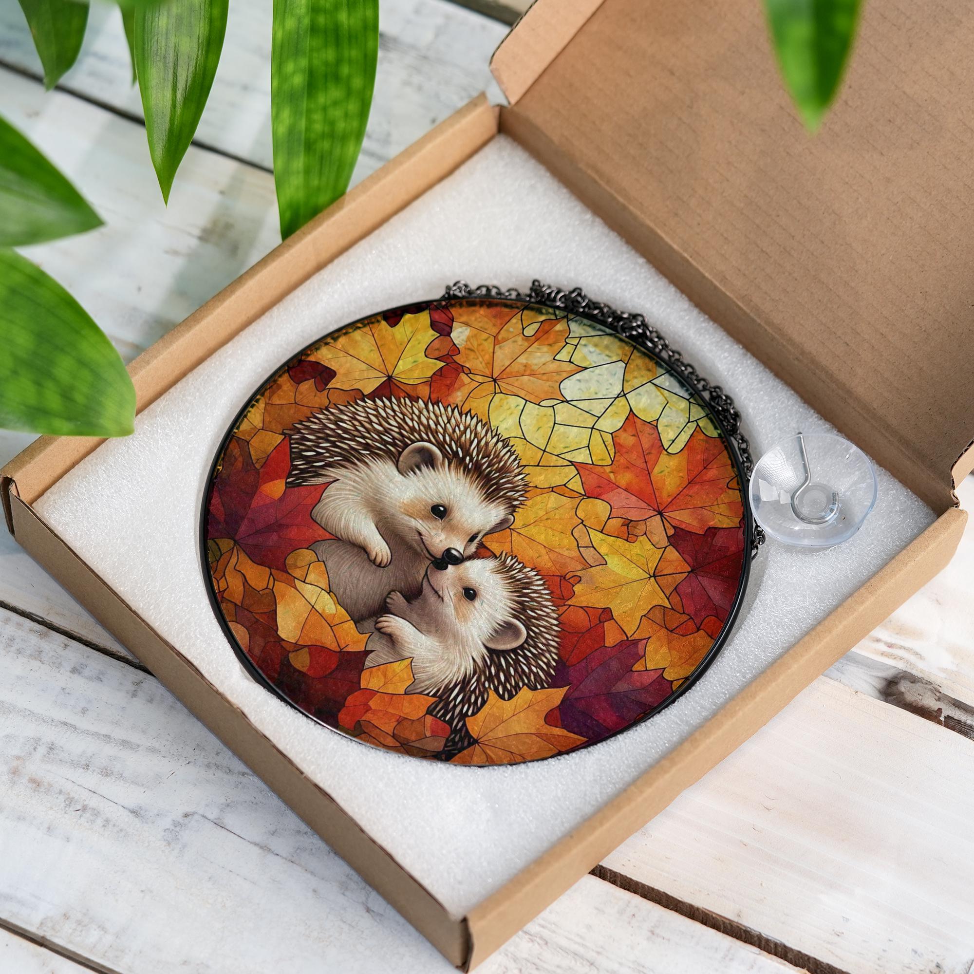 Hedgehog Autumn Glass Suncatcher | Fall Leaves Window Hanging | Cute Animal Stained Glass Decor | Cozy Autumn Wildlife Window Art