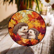 Hedgehog Autumn Glass Suncatcher | Fall Leaves Window Hanging | Cute Animal Stained Glass Decor | Cozy Autumn Wildlife Window Art