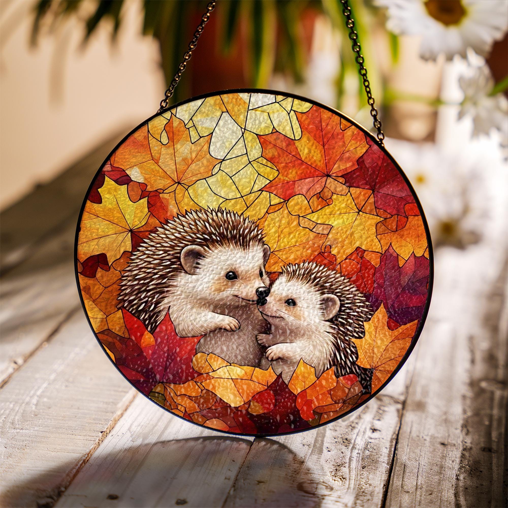 Hedgehog Autumn Glass Suncatcher | Fall Leaves Window Hanging | Cute Animal Stained Glass Decor | Cozy Autumn Wildlife Window Art