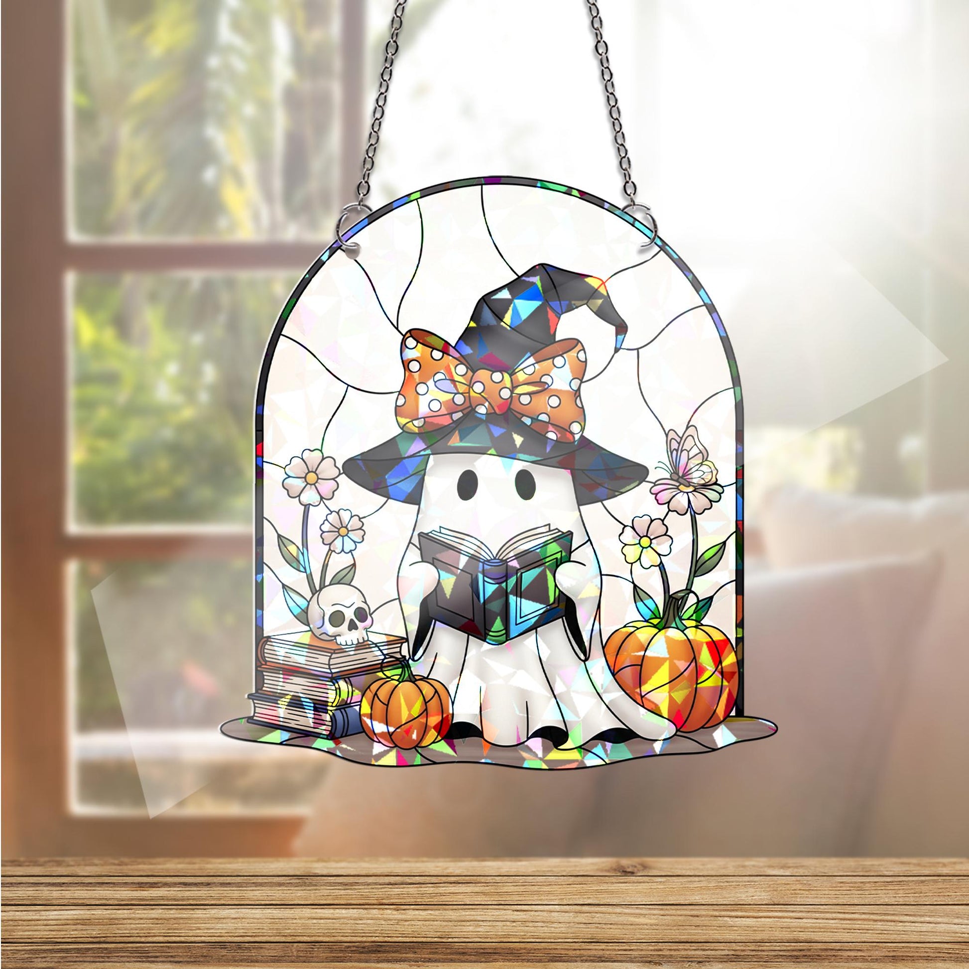 Ghost Reading Book Halloween Stained Glass Window Hanging, Spooky Reader Decor, Cute Witchy Gift, Fall Home Decor