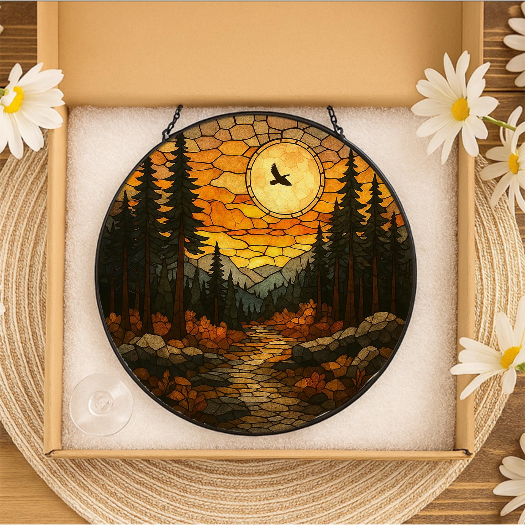 Mountain Forest Glass Suncatcher | Autumn Sunset Window Hanging | Nature Landscape Stained Glass Art | Fall Cabin Decor Gift