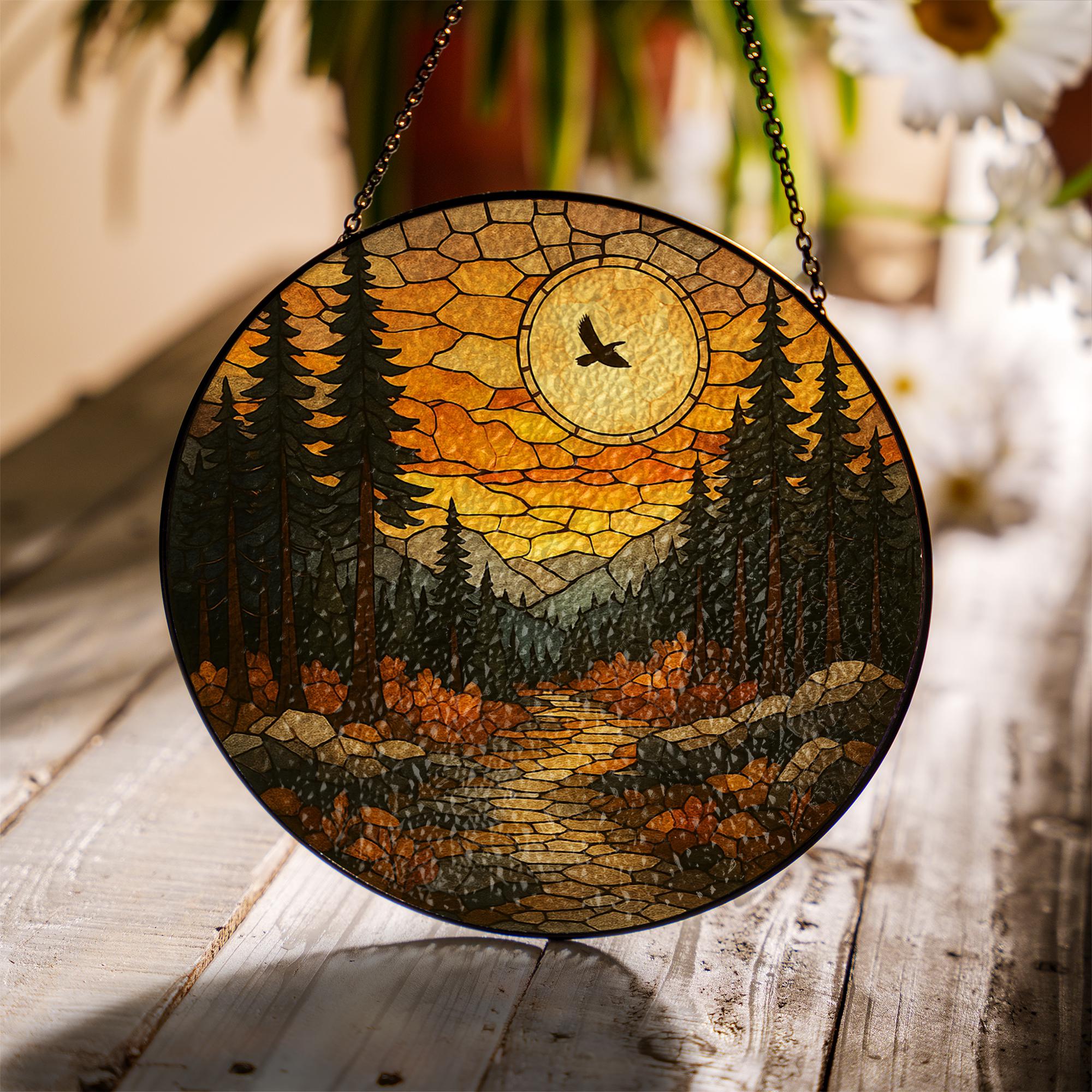 Mountain Forest Glass Suncatcher | Autumn Sunset Window Hanging | Nature Landscape Stained Glass Art | Fall Cabin Decor Gift