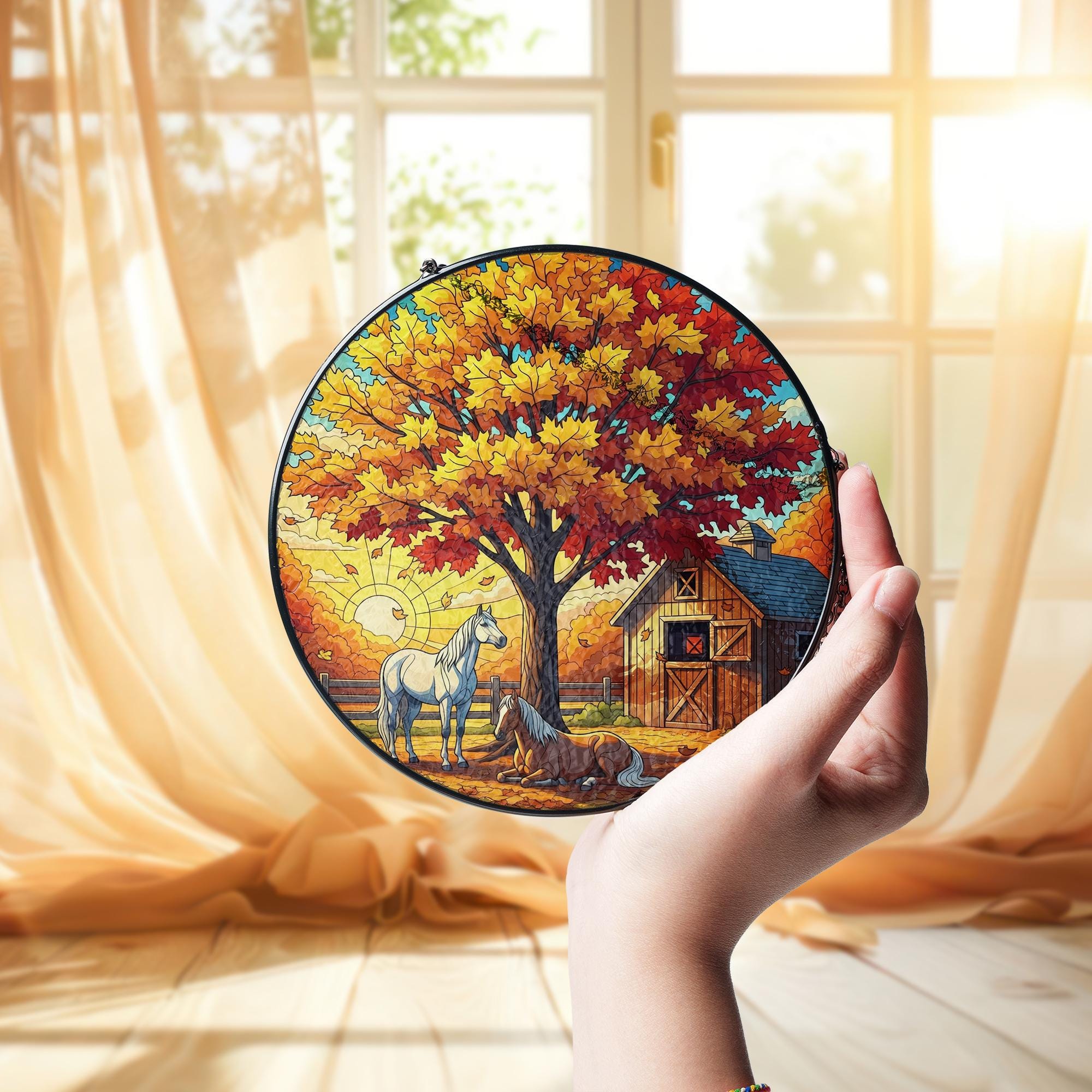Autumn Horses Stained Glass Suncatcher - Cozy Fall Barn Window Art