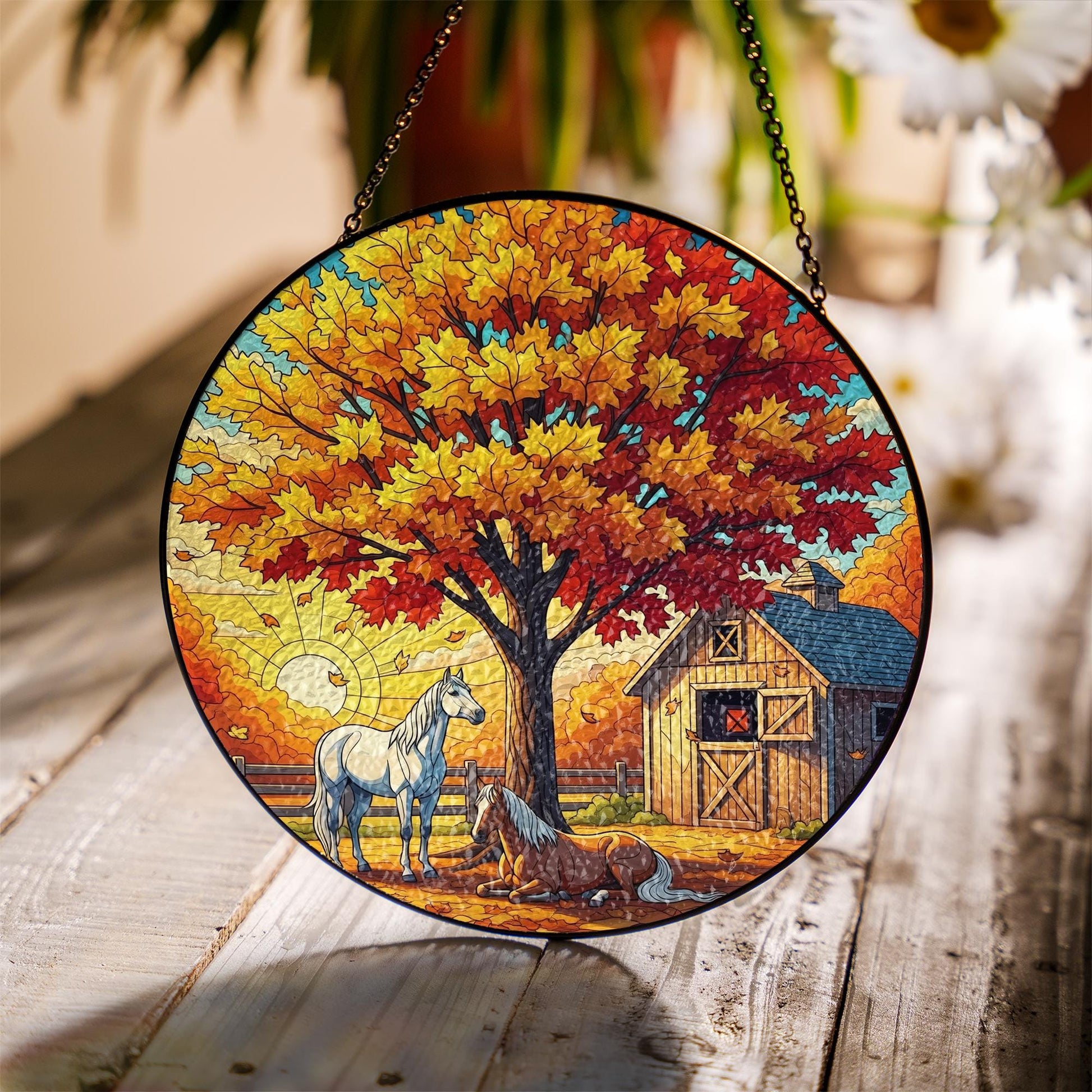 Autumn Horses Stained Glass Suncatcher - Cozy Fall Barn Window Art