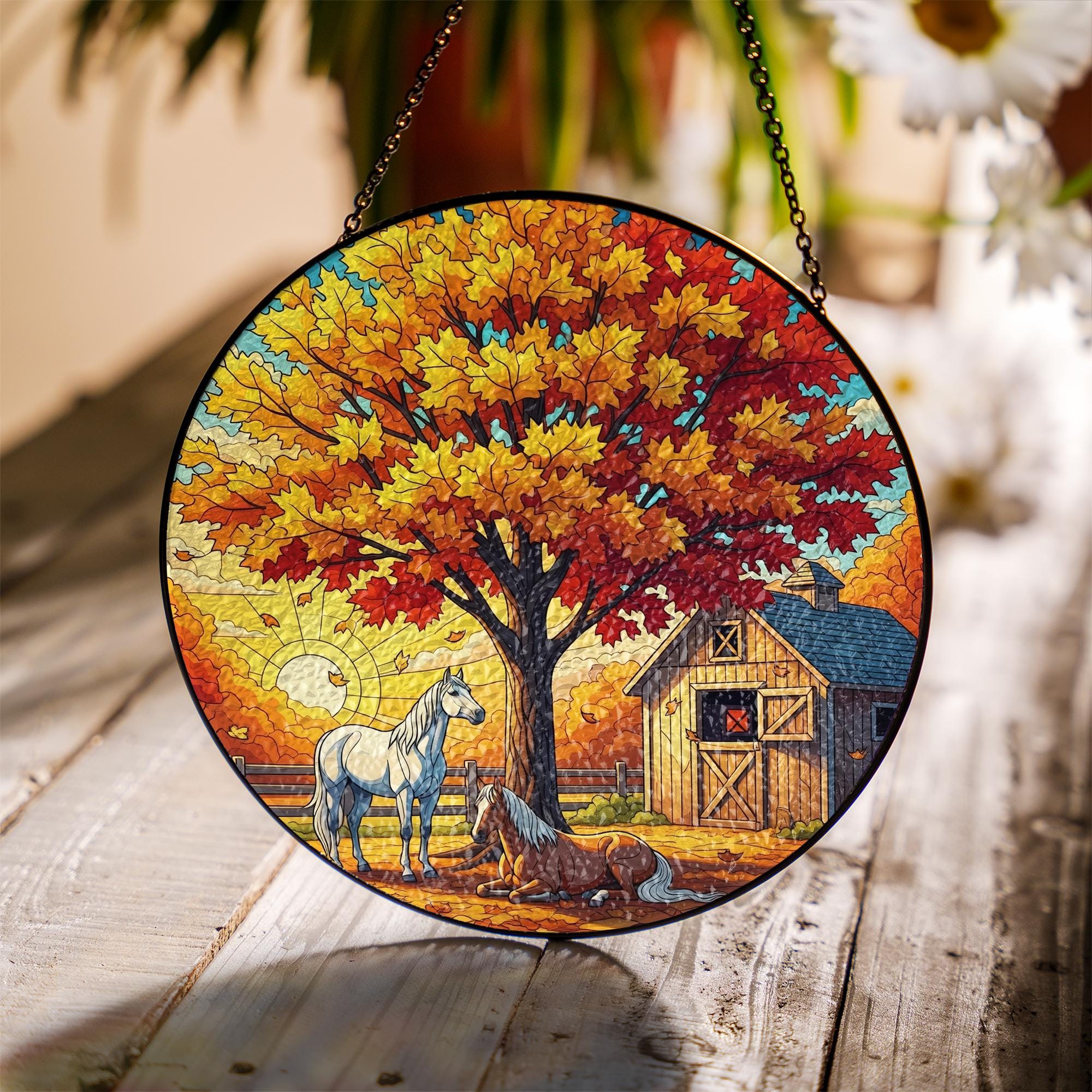 Autumn Horses Stained Glass Suncatcher - Cozy Fall Barn Window Art