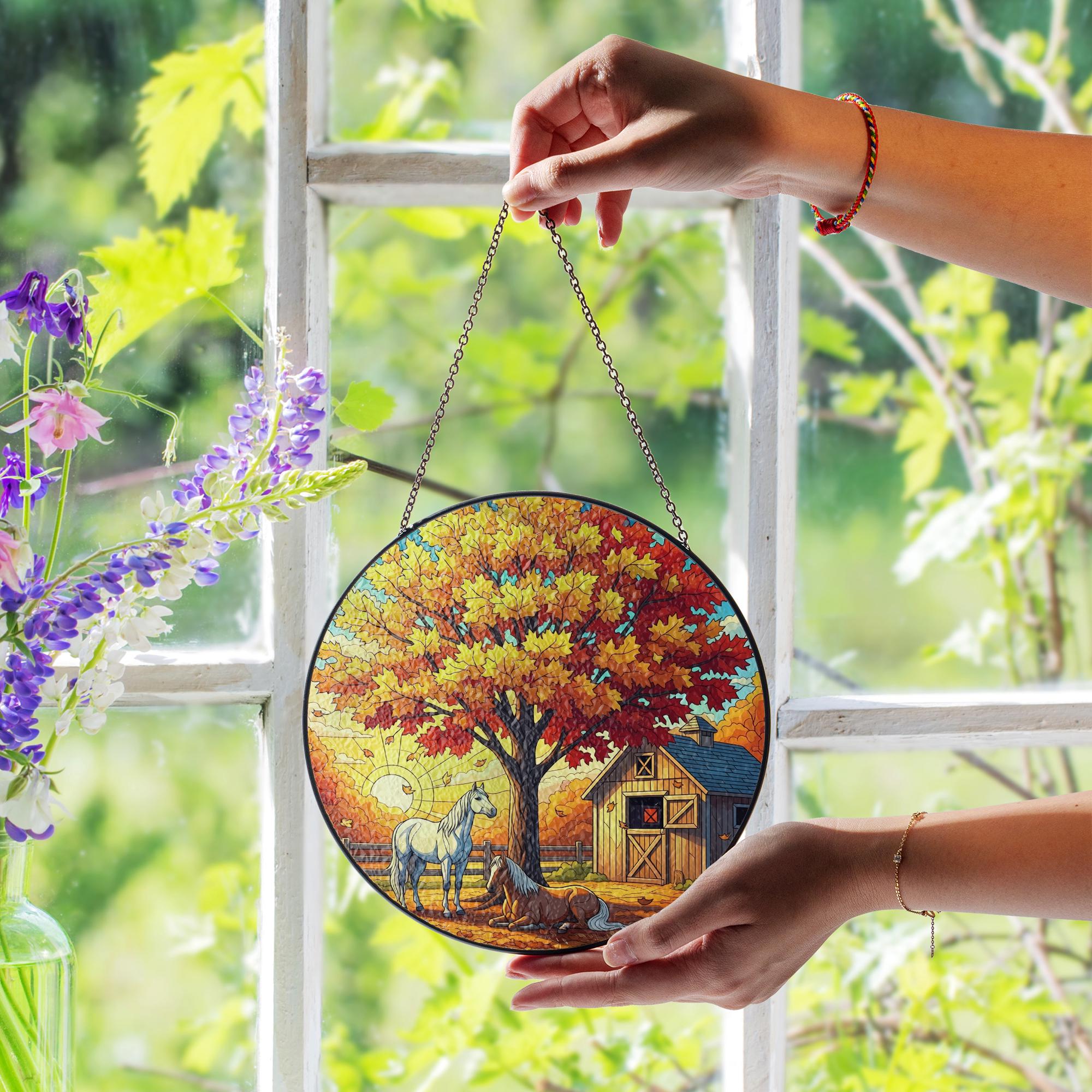 Autumn Horses Stained Glass Suncatcher - Cozy Fall Barn Window Art
