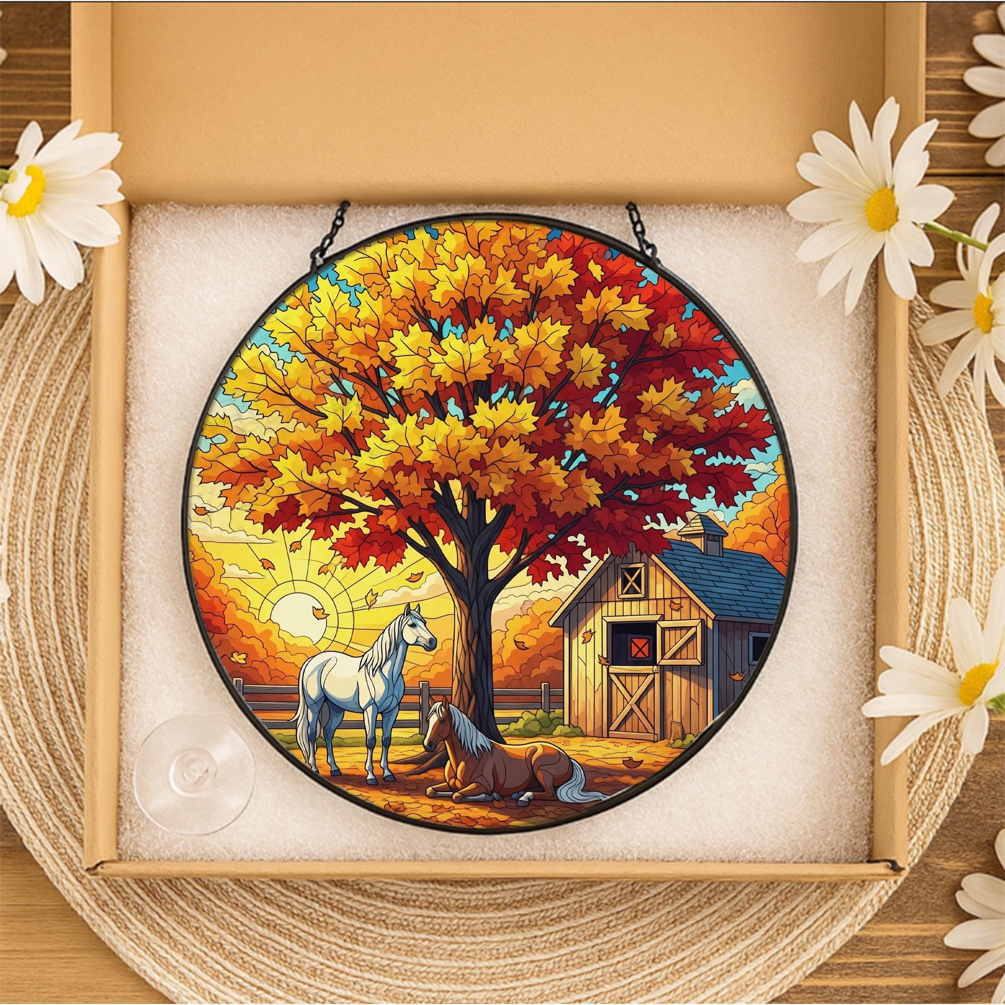 Autumn Horses Stained Glass Suncatcher - Cozy Fall Barn Window Art